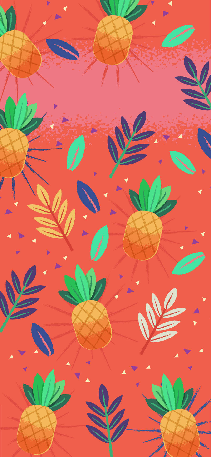 Pineapples And Leaves On A Red Background Background