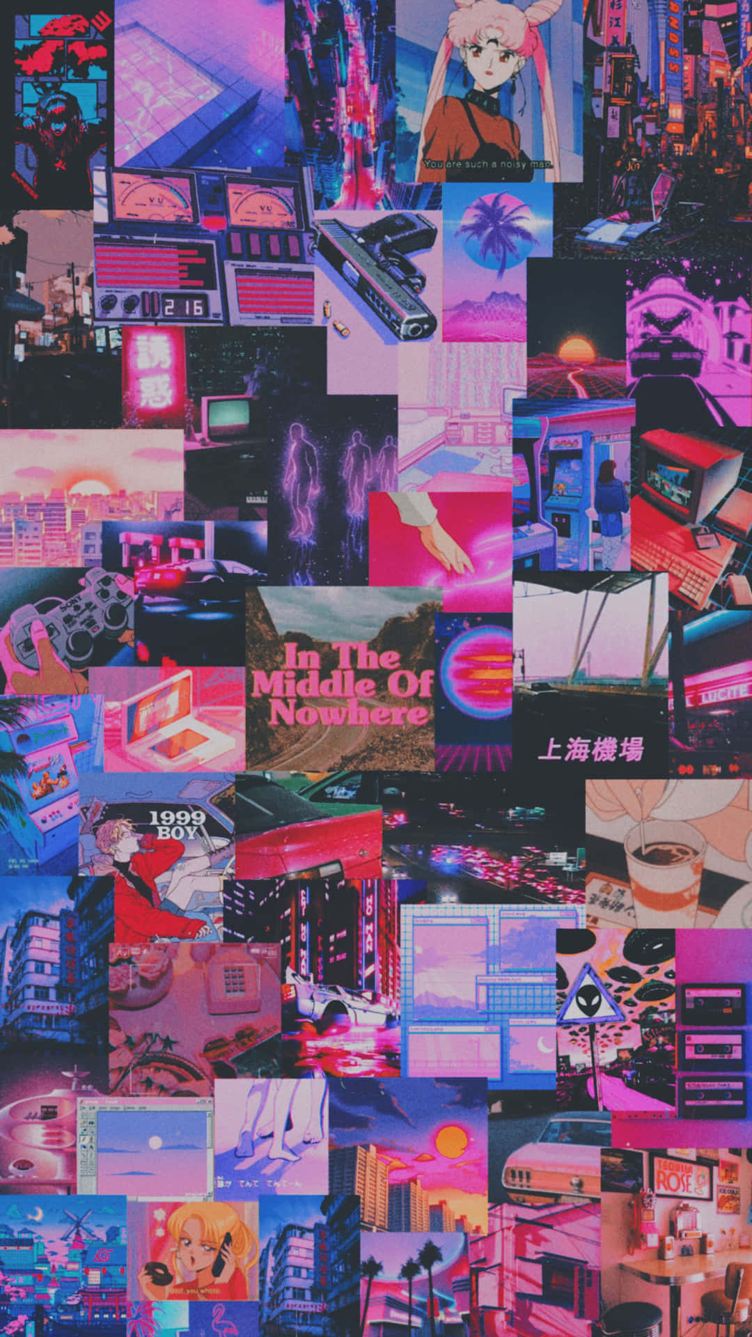 Pink 90s Aesthetic Anime Collage Background