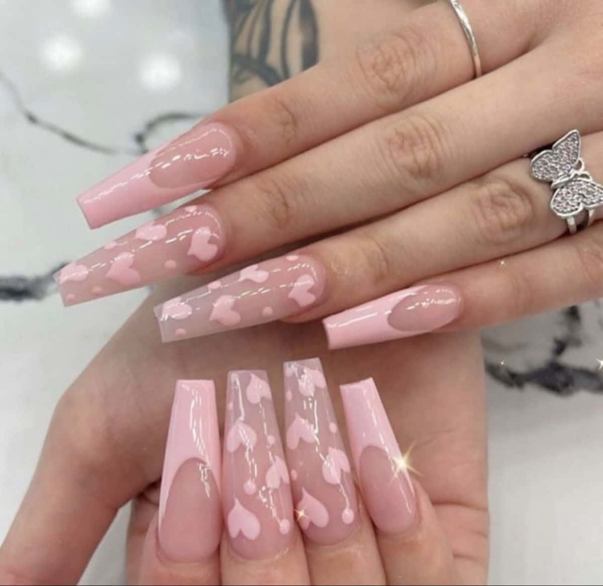 Pink Acrylic Nails With Hearts On Them Background