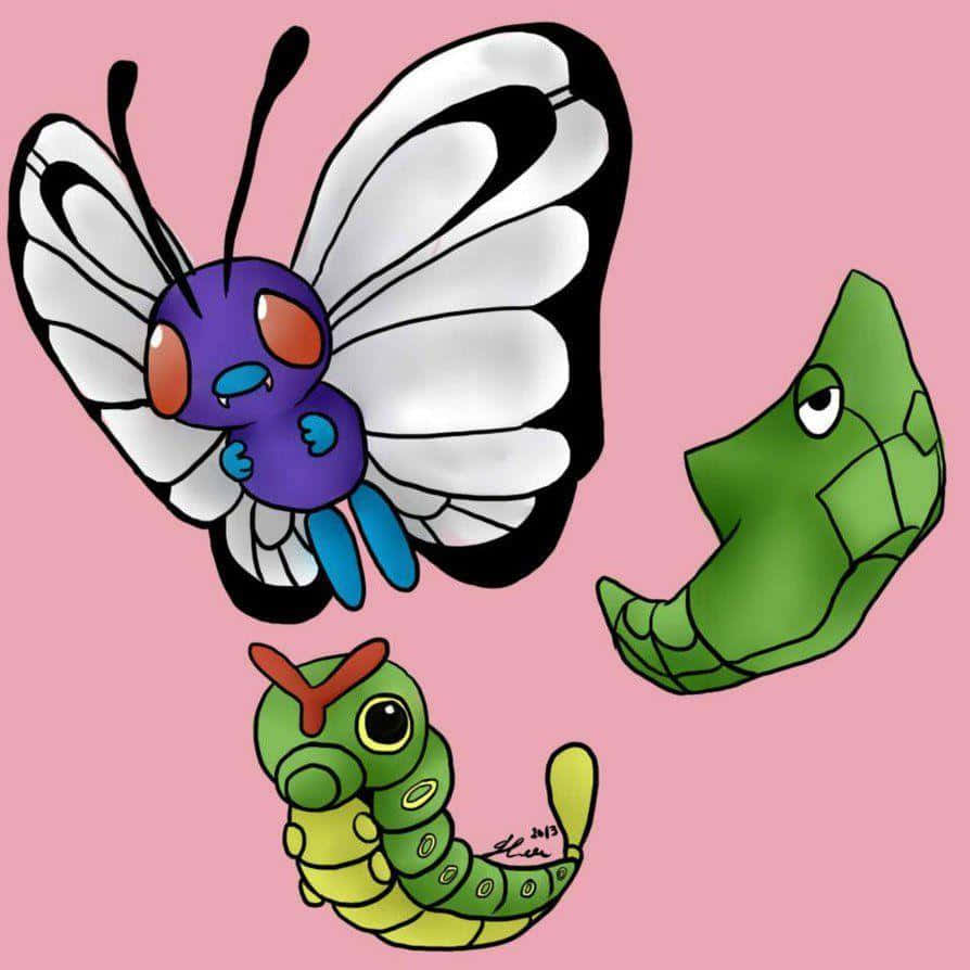 Pink Aesthetic Caterpie, Metapod, And Butterfree Background