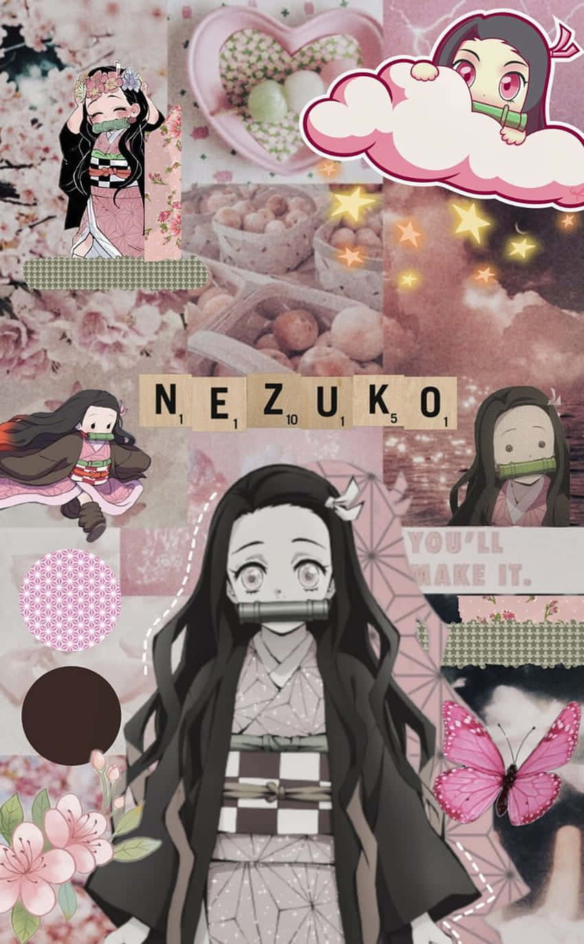 Pink Aesthetic Cute Nezuko Kamado Montage Illustration Background