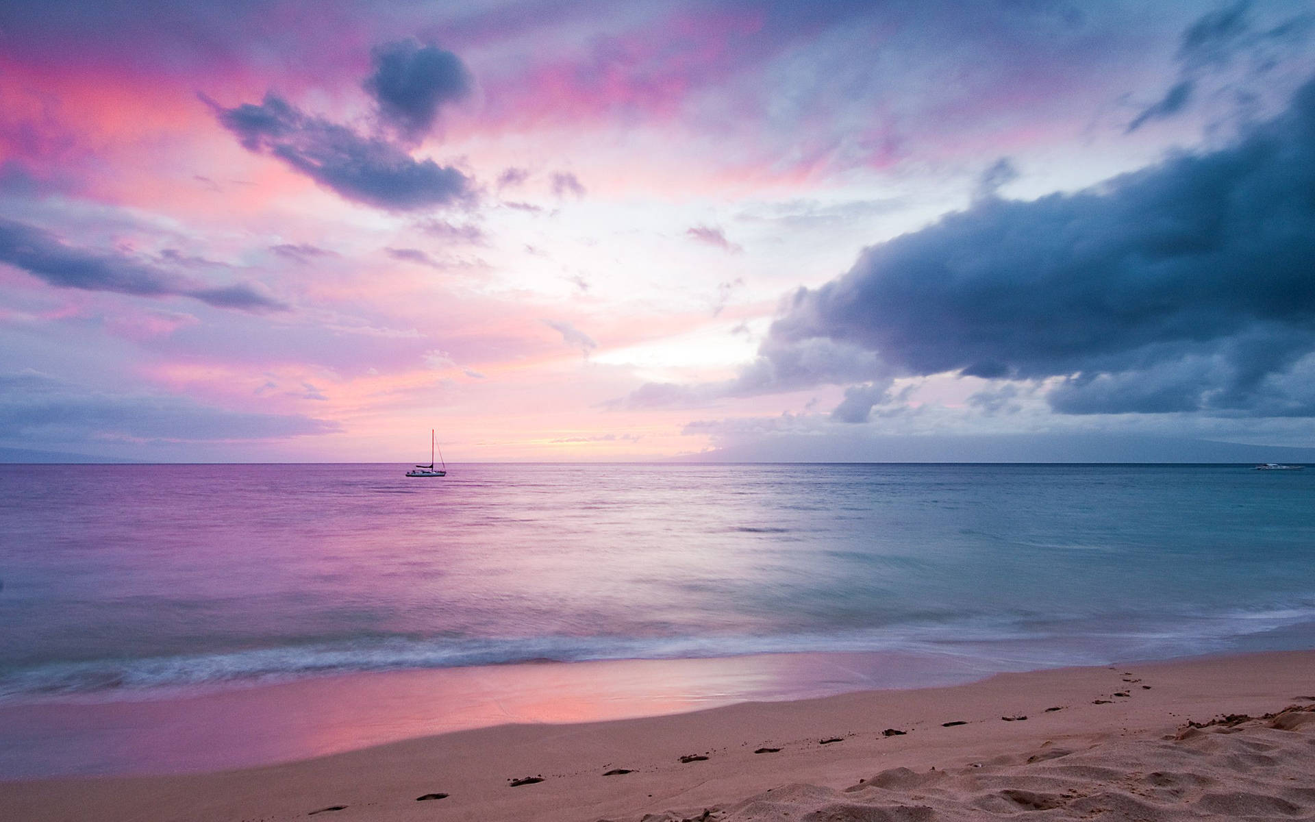 Pink Aesthetic Ocean Sunset With Boat Background