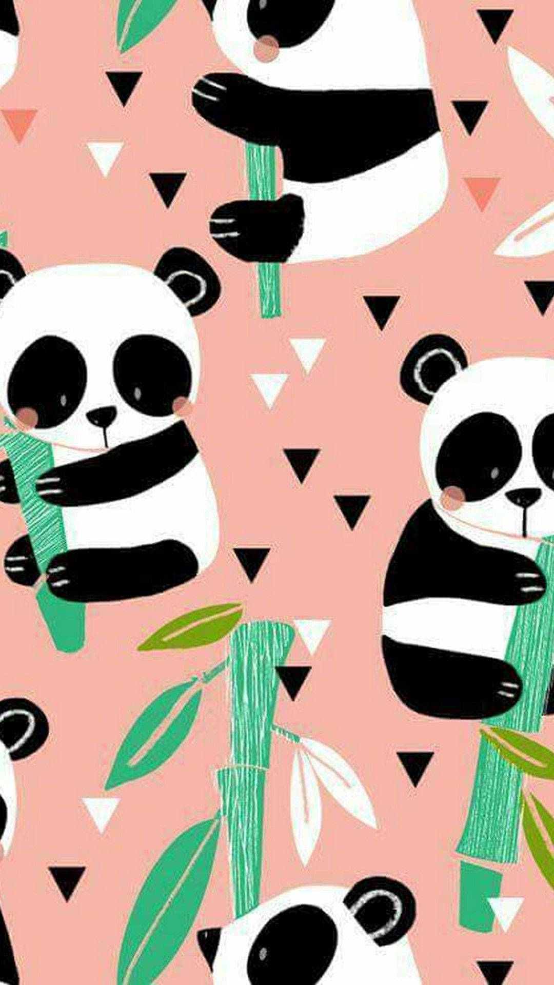 Pink Aesthetic Panda On Bamboo Background