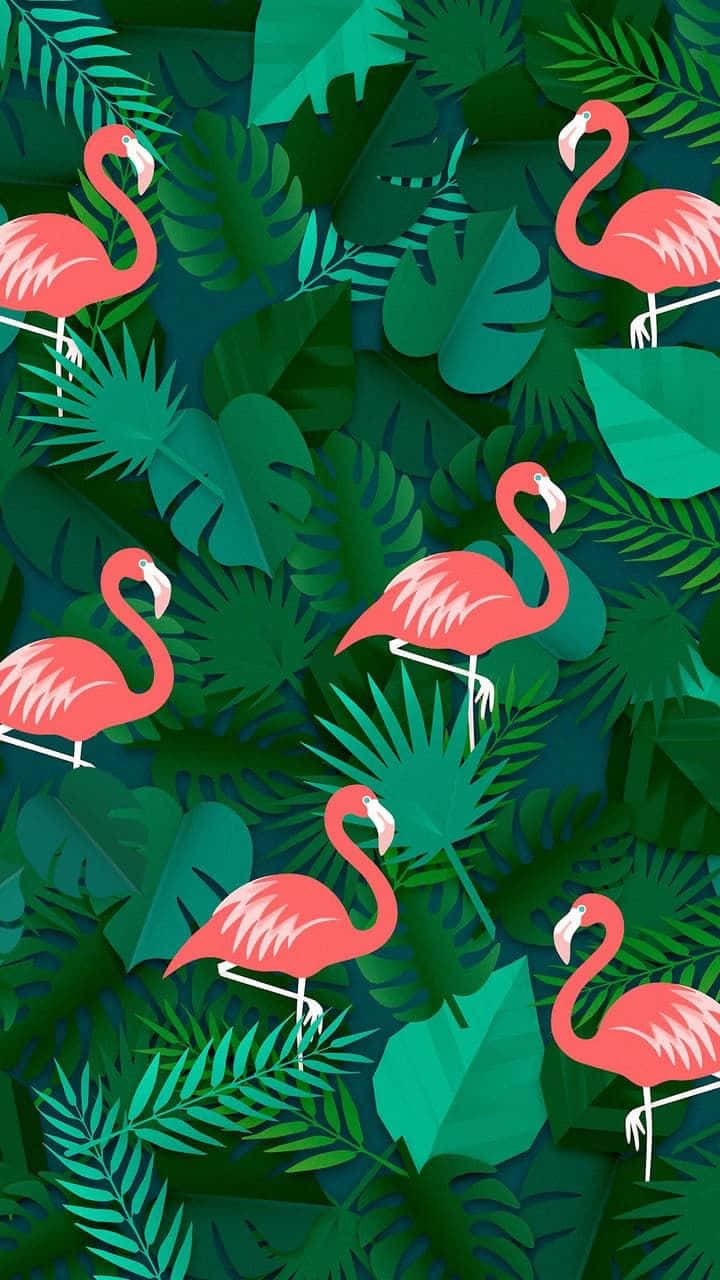 Pink And Green Aesthetic Flamingos And Leaves Background
