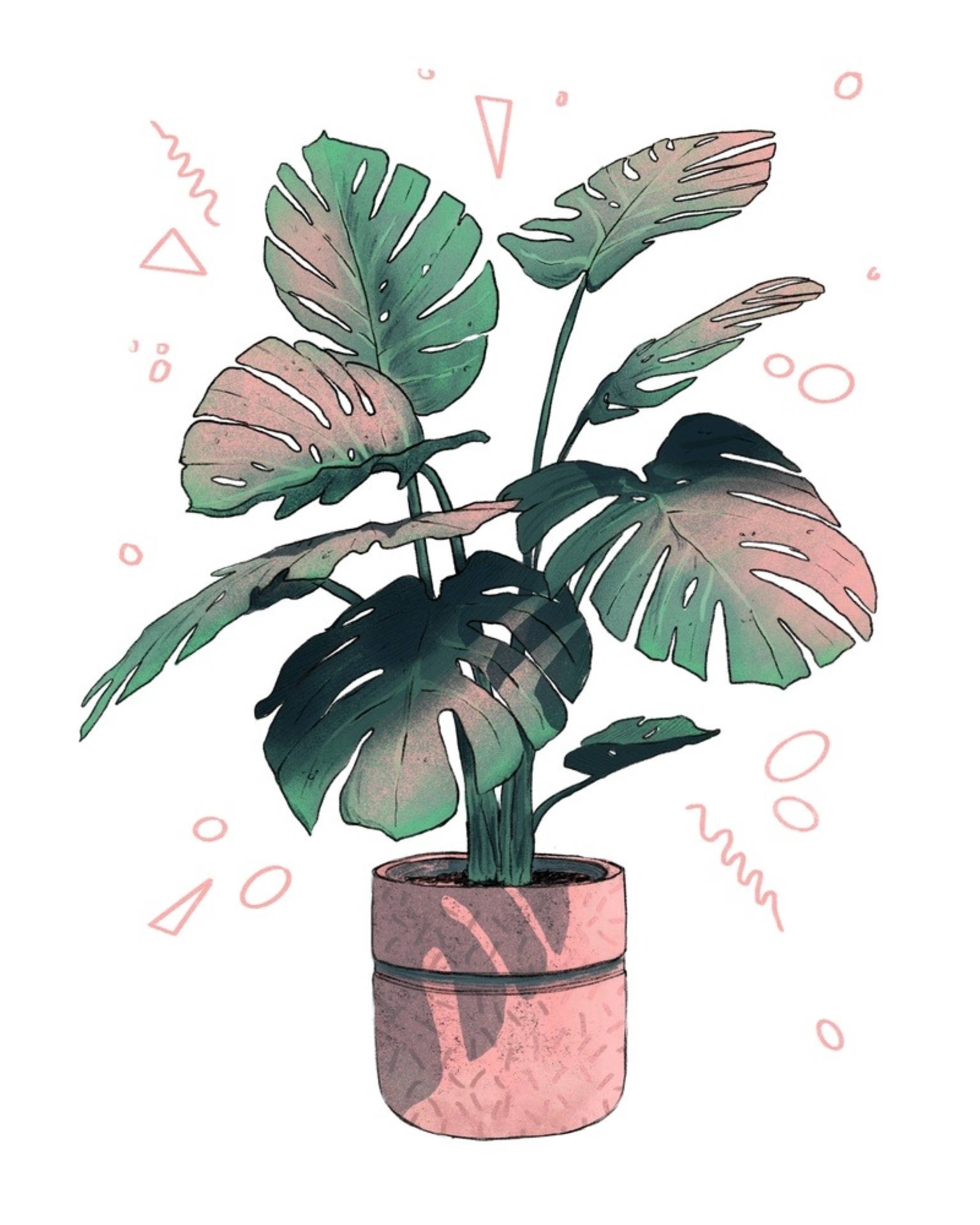 Pink And Green Monstera Art Background