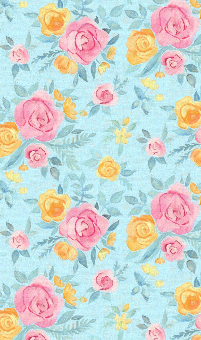 Pink And Orange Floral On Blue Background Background