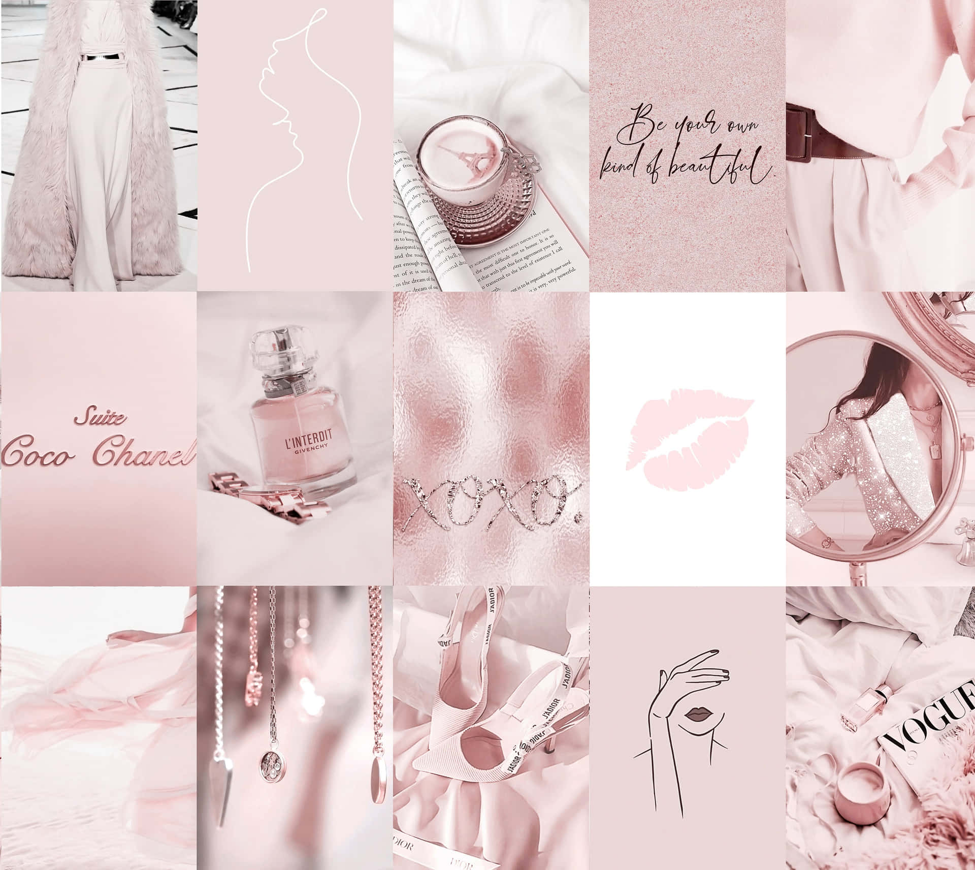 Pink And White Collage With Lipsticks And Other Items Background