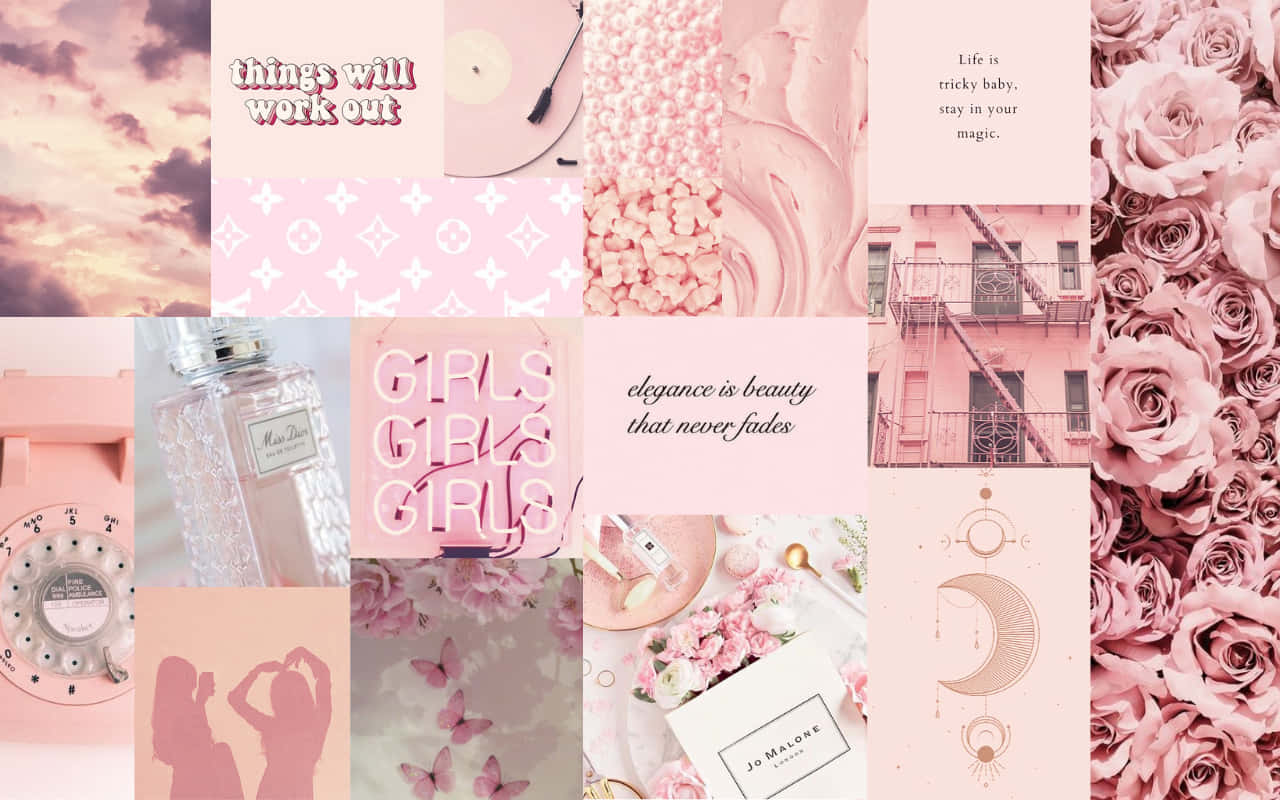 Pink And White Collage With Pink Flowers And A Phone Background