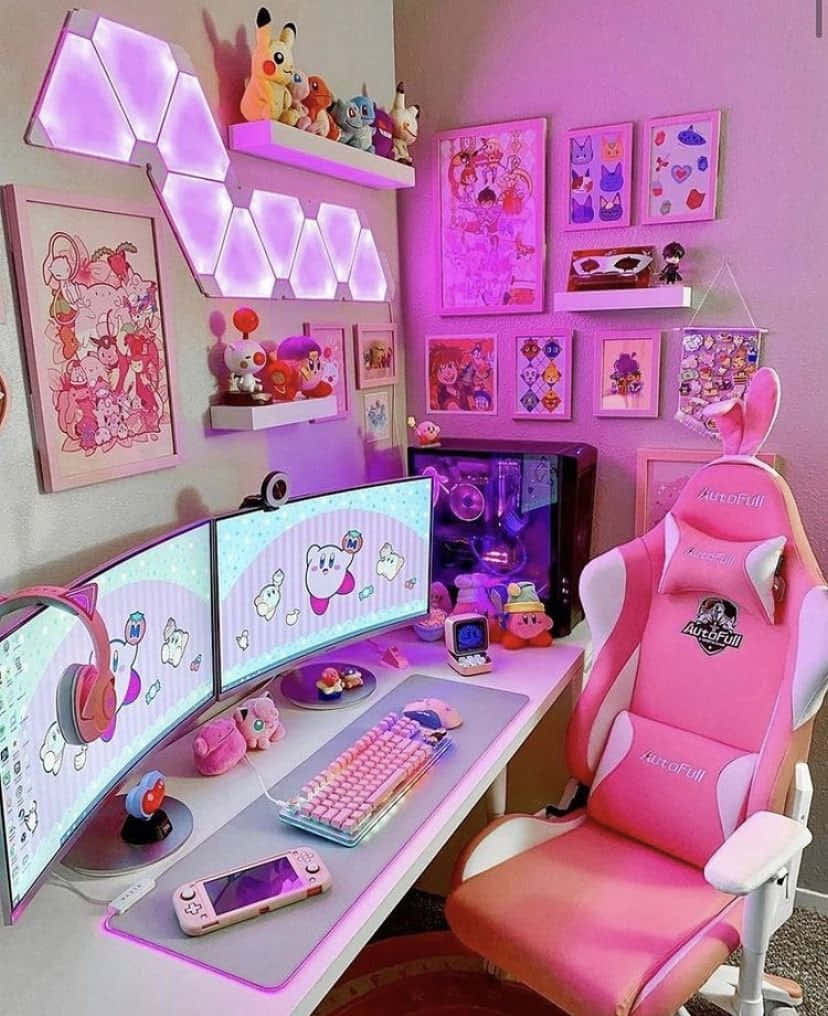 Pink Anime Gamer Room Setup Background
