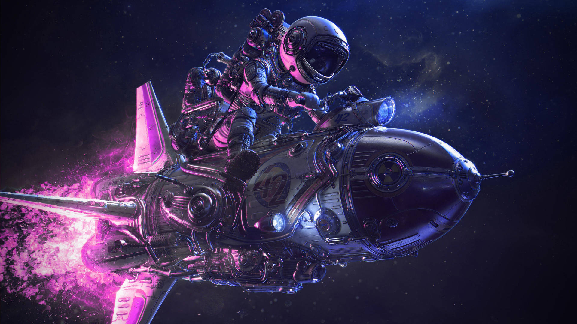 Pink Astronaut On A Rocket Background