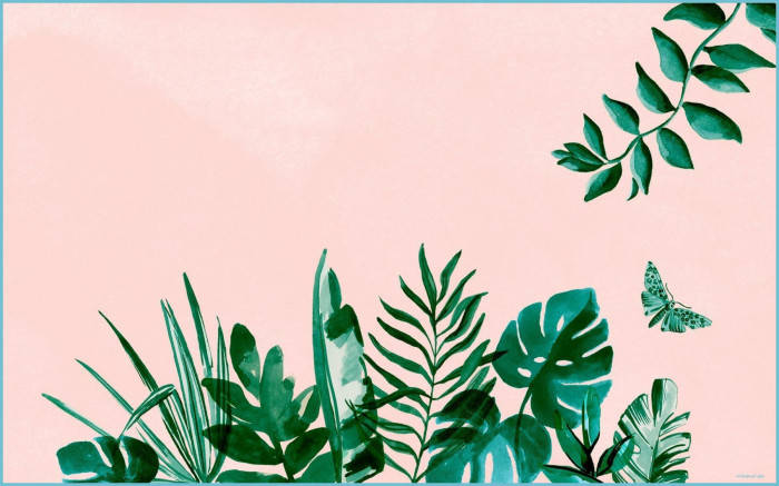 Pink Backdrop With Green Leaves Aesthetic