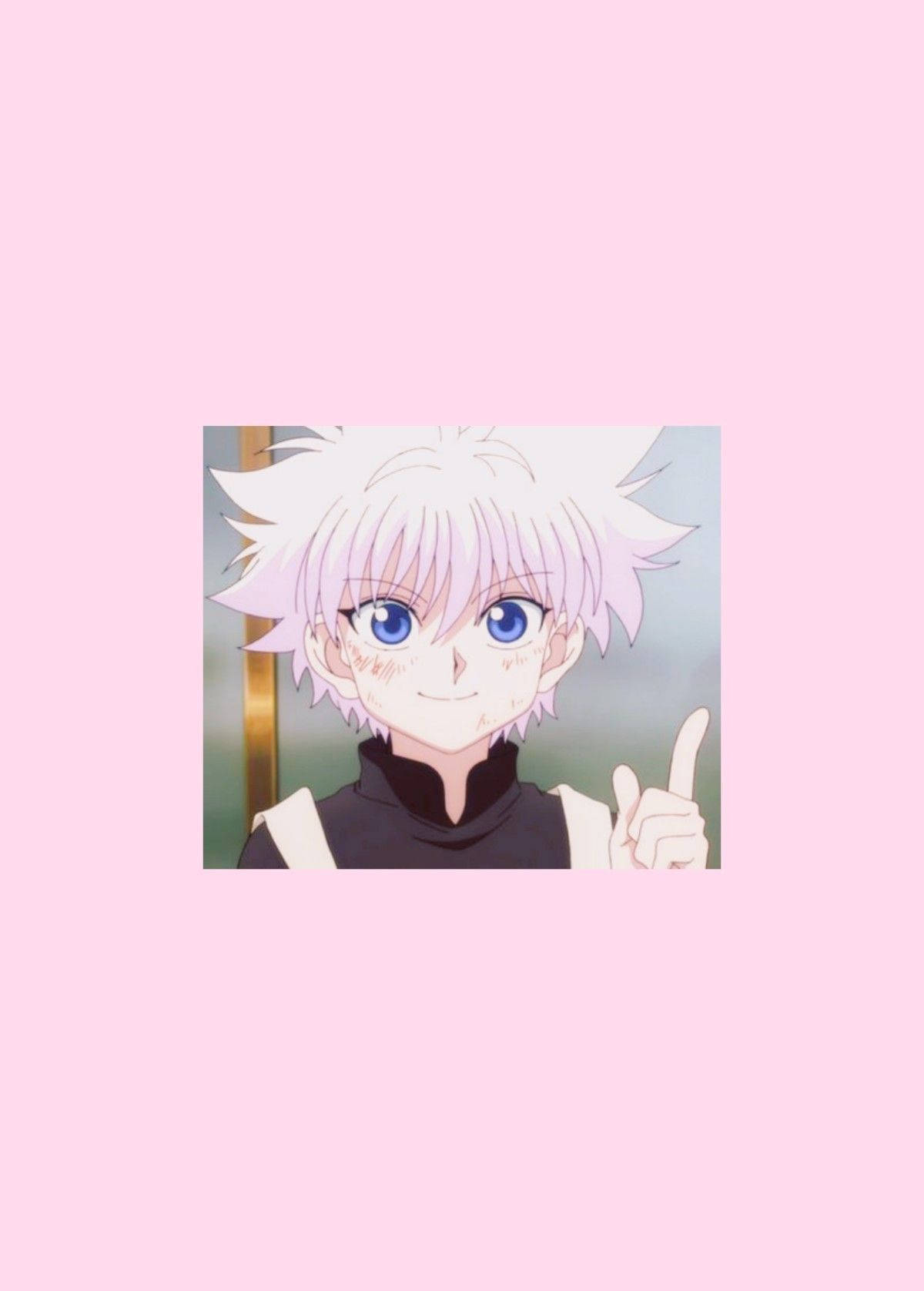 Pink Background With Smiling Killua Aesthetic Background