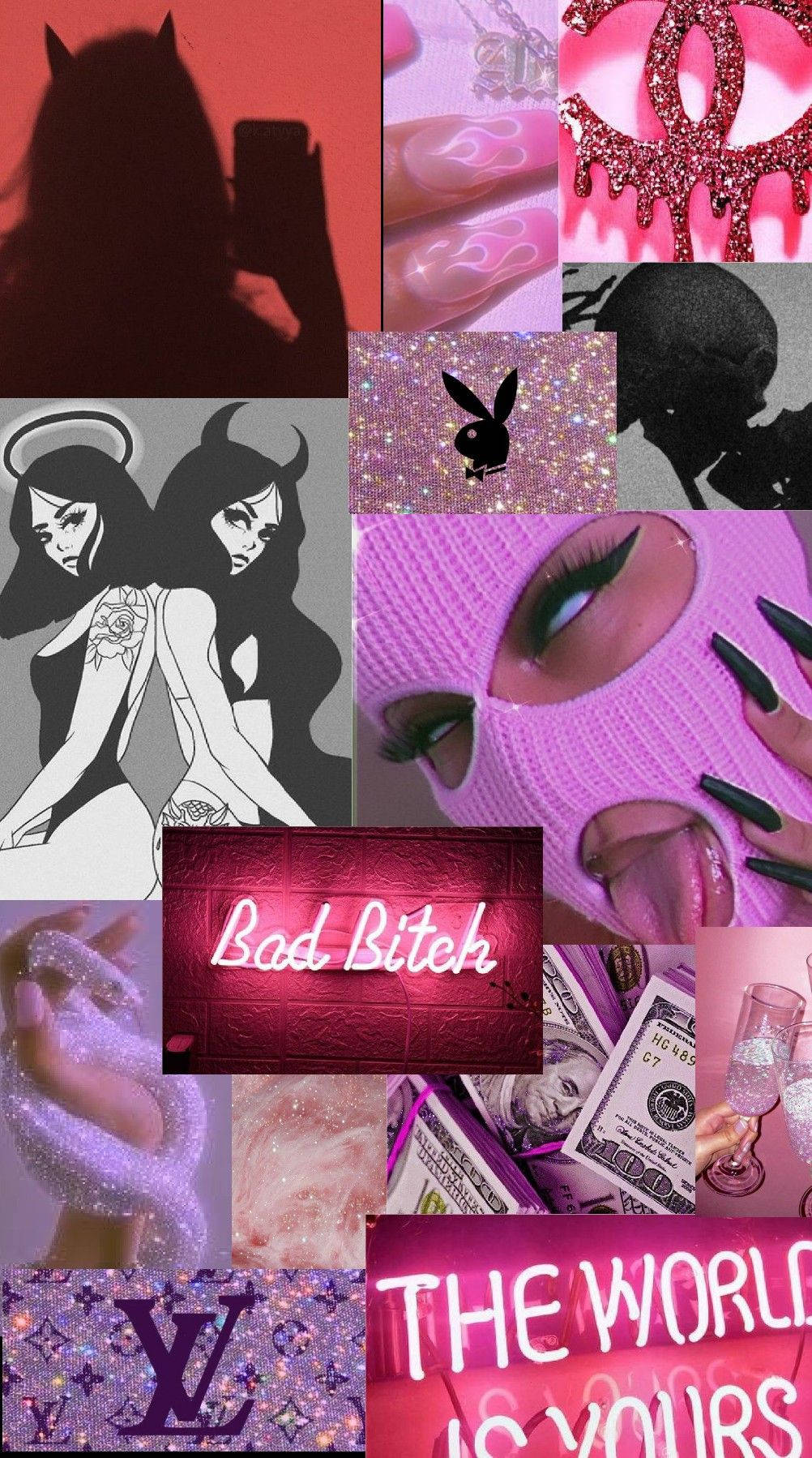Pink Baddie Bandit Mask Collage Background