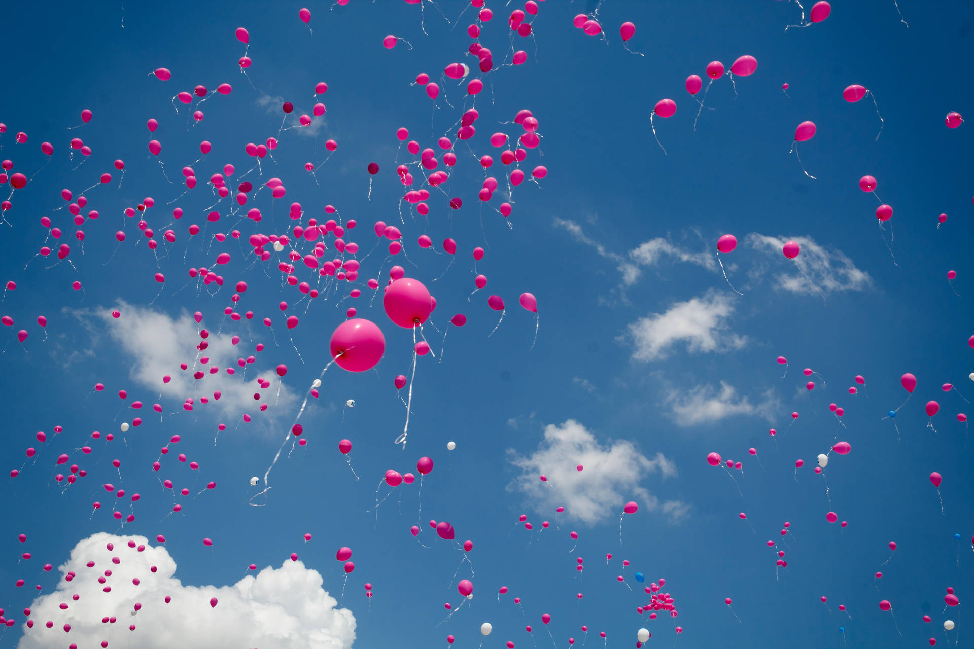 Pink Balloons In Cloudy Sky Background