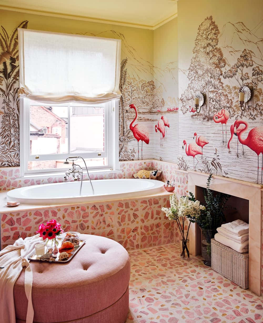 Pink Bathroom Flamingos Background