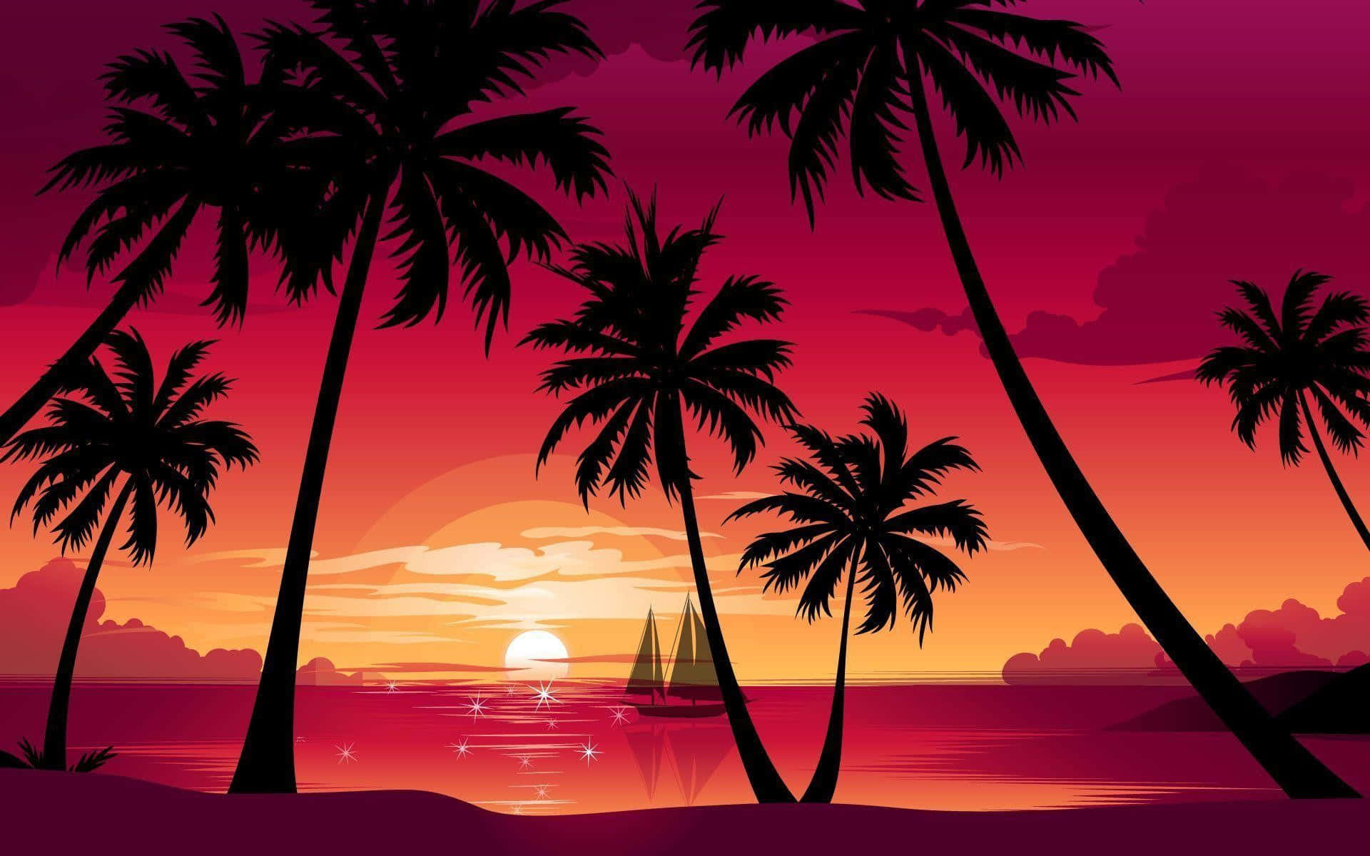 Pink Beach Sunset With A Sailboat Background