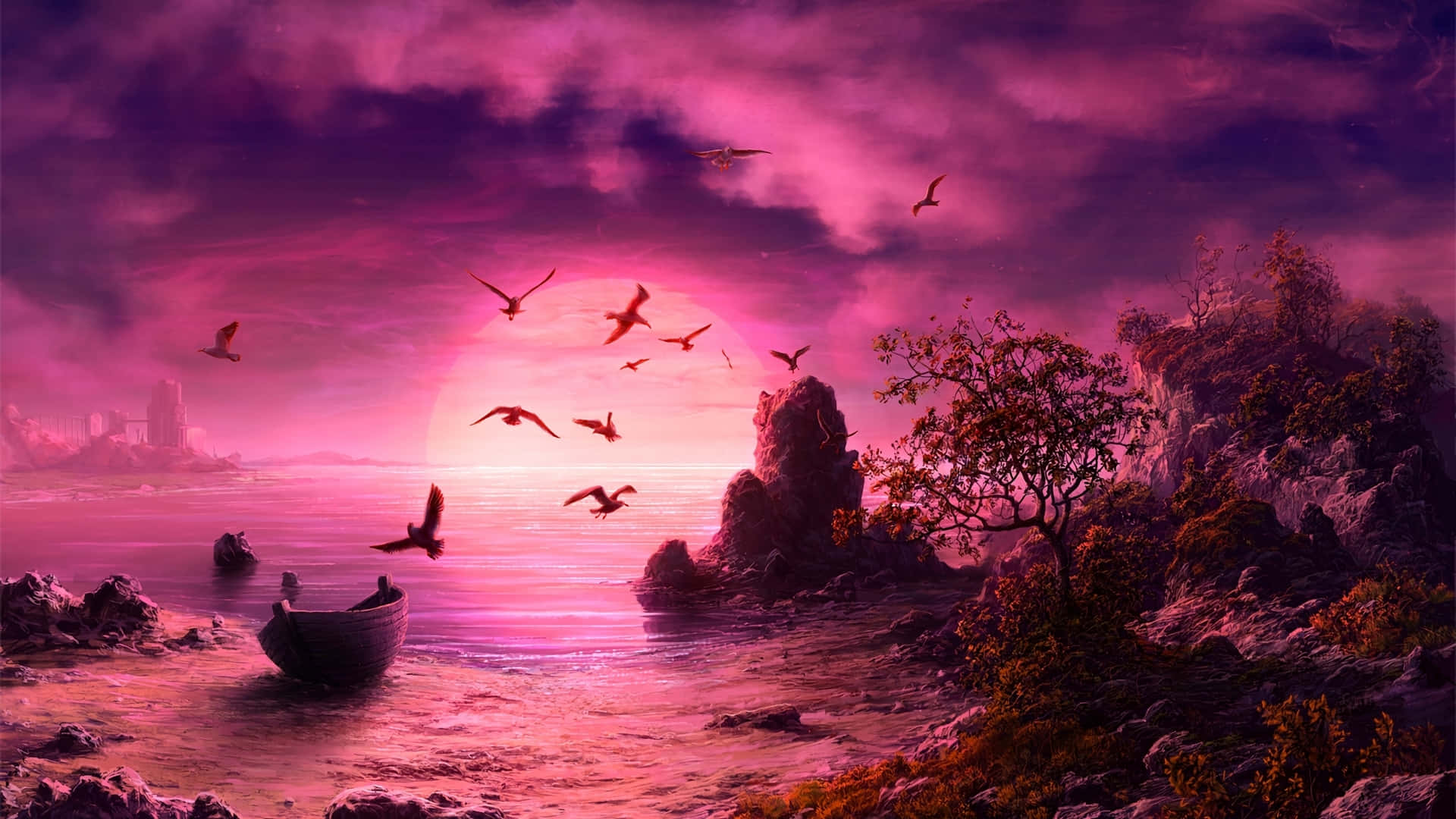 Pink Beach Sunset With Birds Flying Background