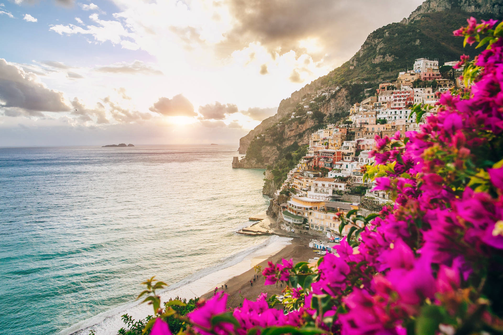 Pink Bougainvillea On Amalfi Coast Background