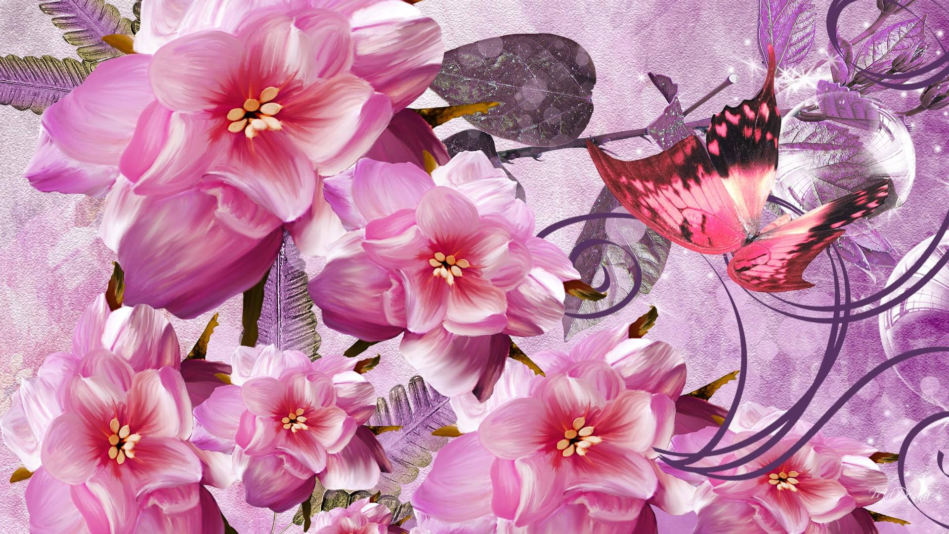 Pink Butterfly On Cherry Blossom Background