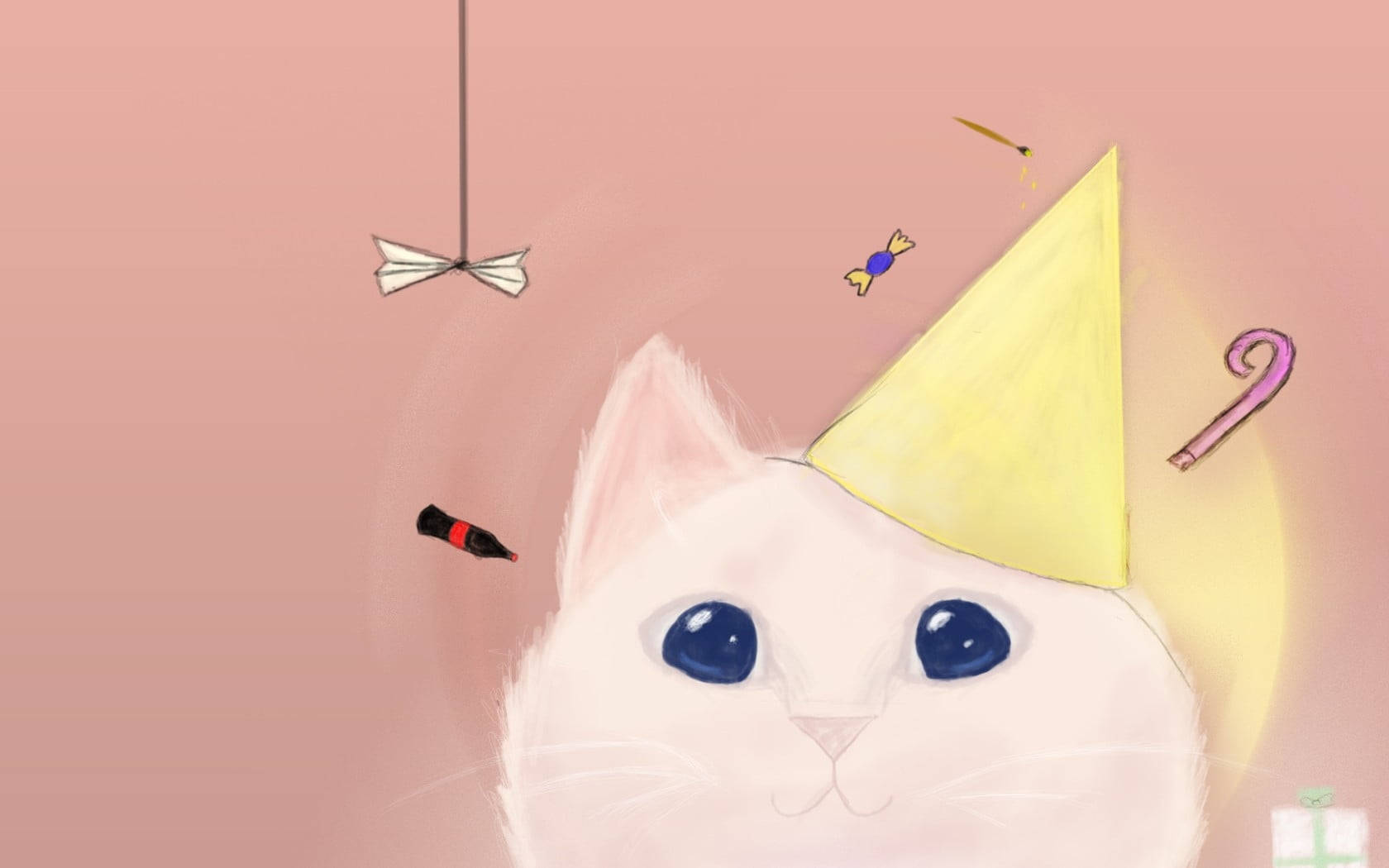 Pink Cat With Party Hat Background