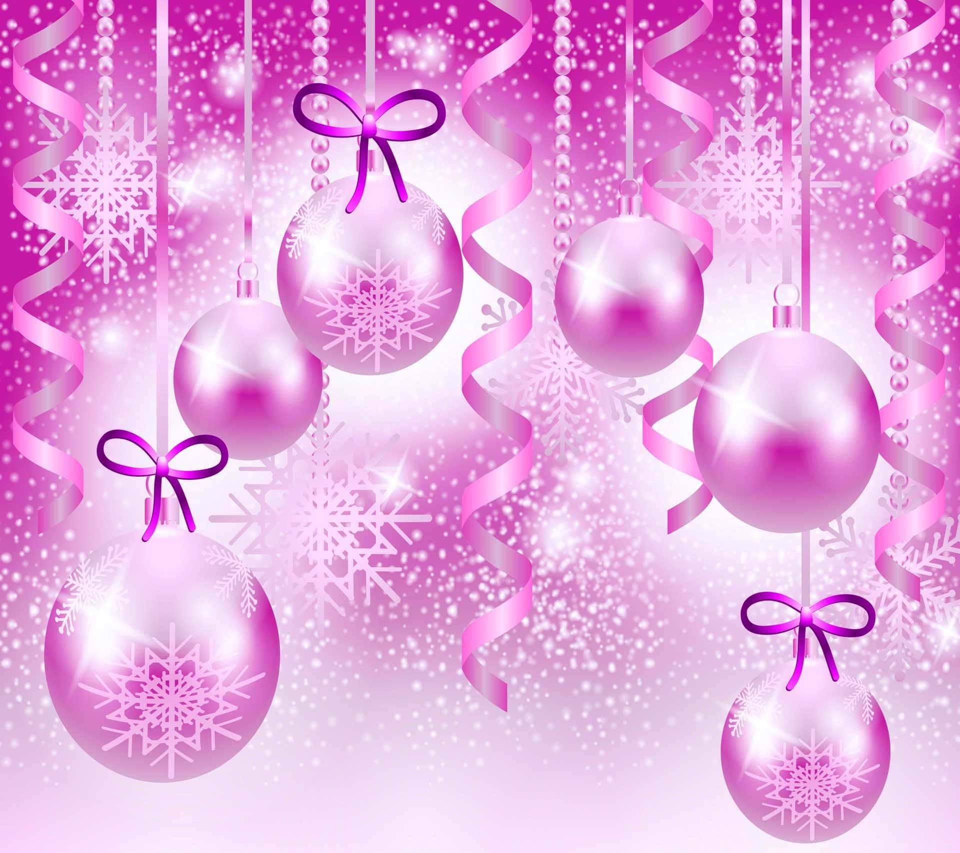 Pink Christmas Balls And Ribbons Background