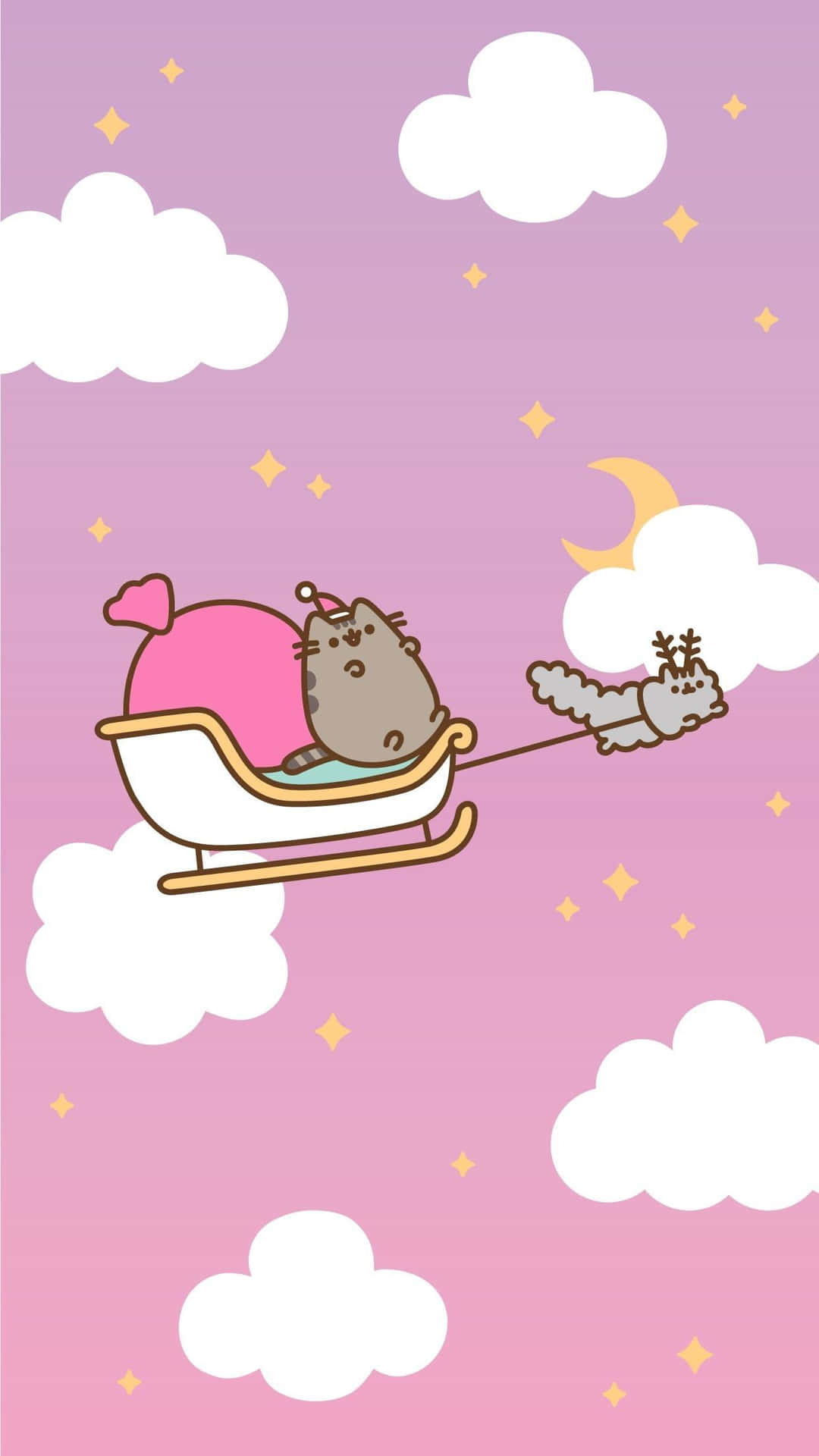 Pink Christmas Pusheen Cat Sleigh Background