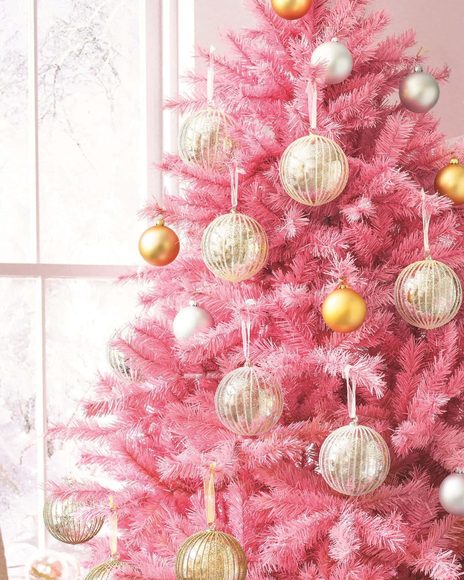 Pink Christmas Tree With Decorations Background