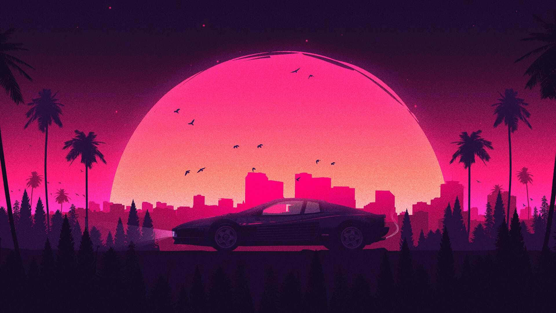 Pink City Sunset With Car