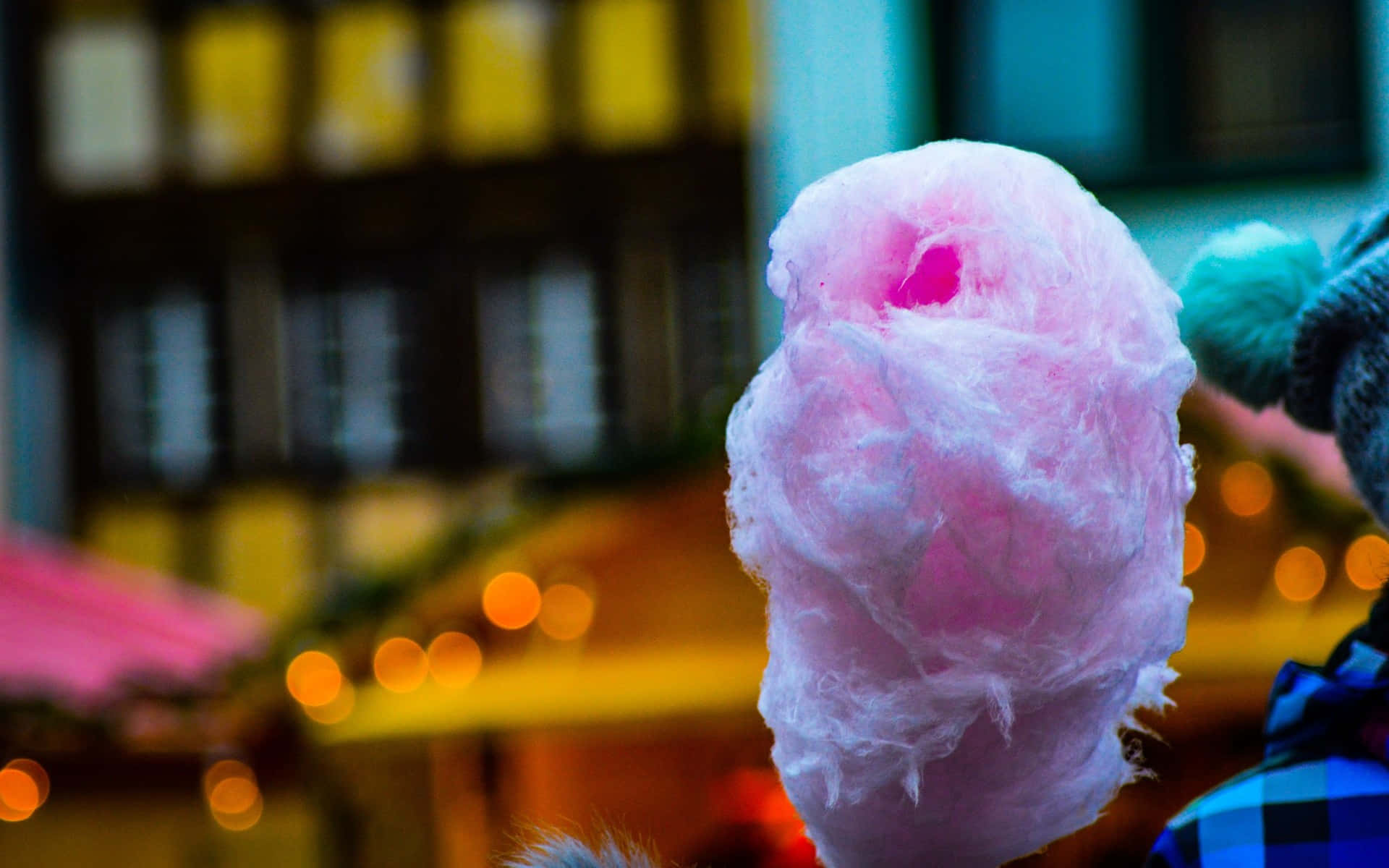 Pink Cotton Candy With Shop Background