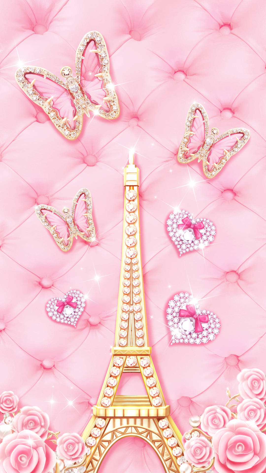 Pink Eiffel Tower Butterflies Background