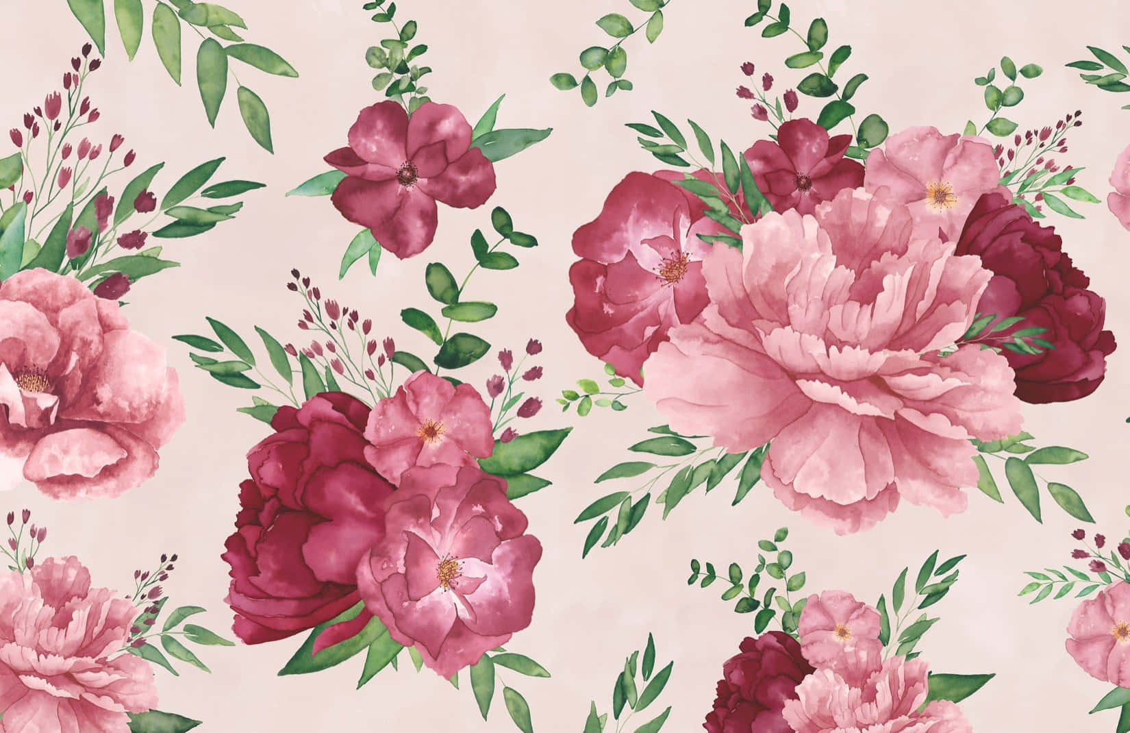 Pink Floral Pattern With Leaves And Flowers Background