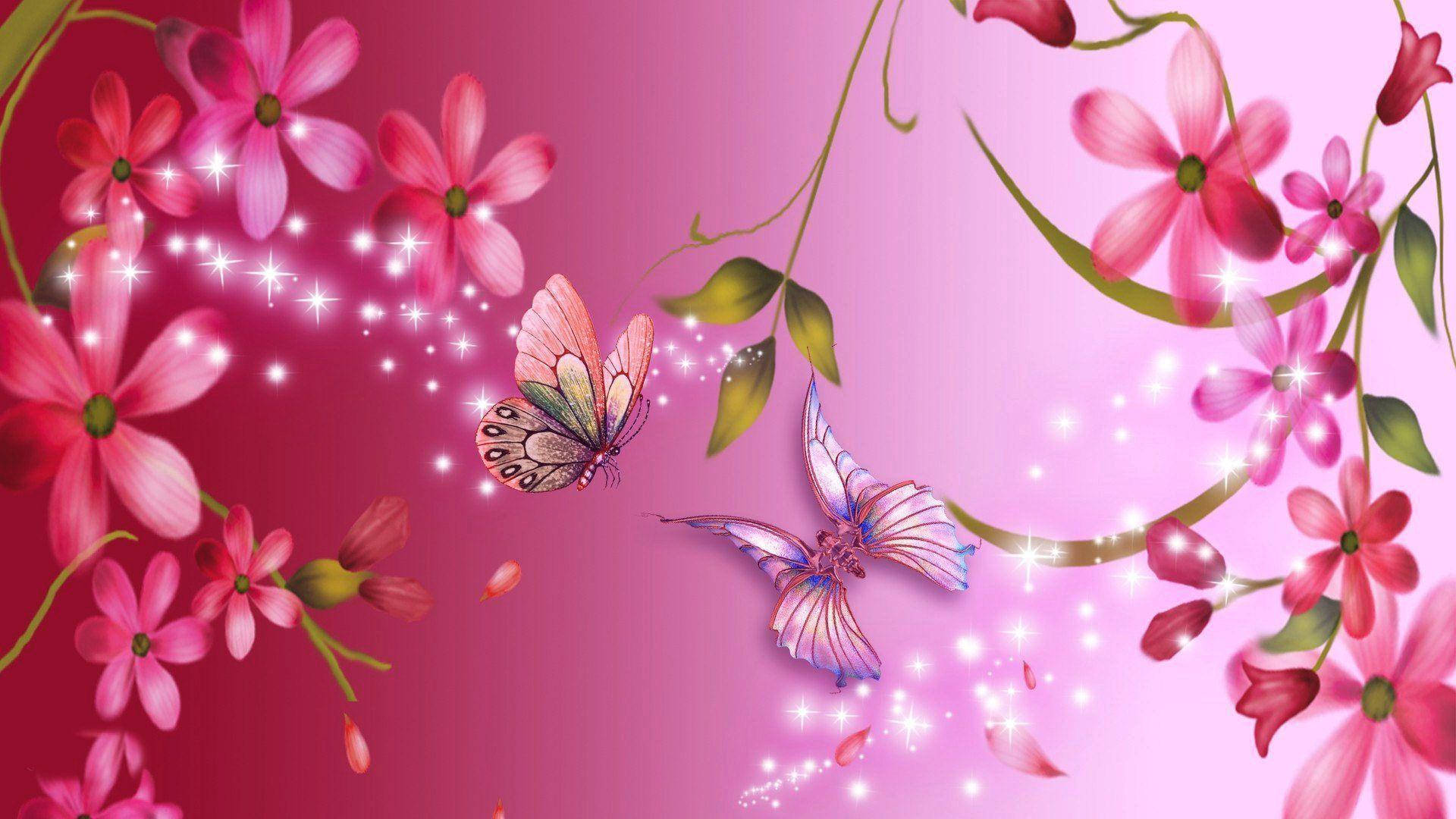 Pink Flower Butterflies Background