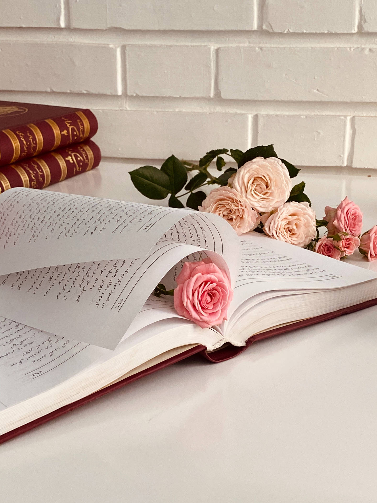 Pink Flowers Aesthetic With Book Background