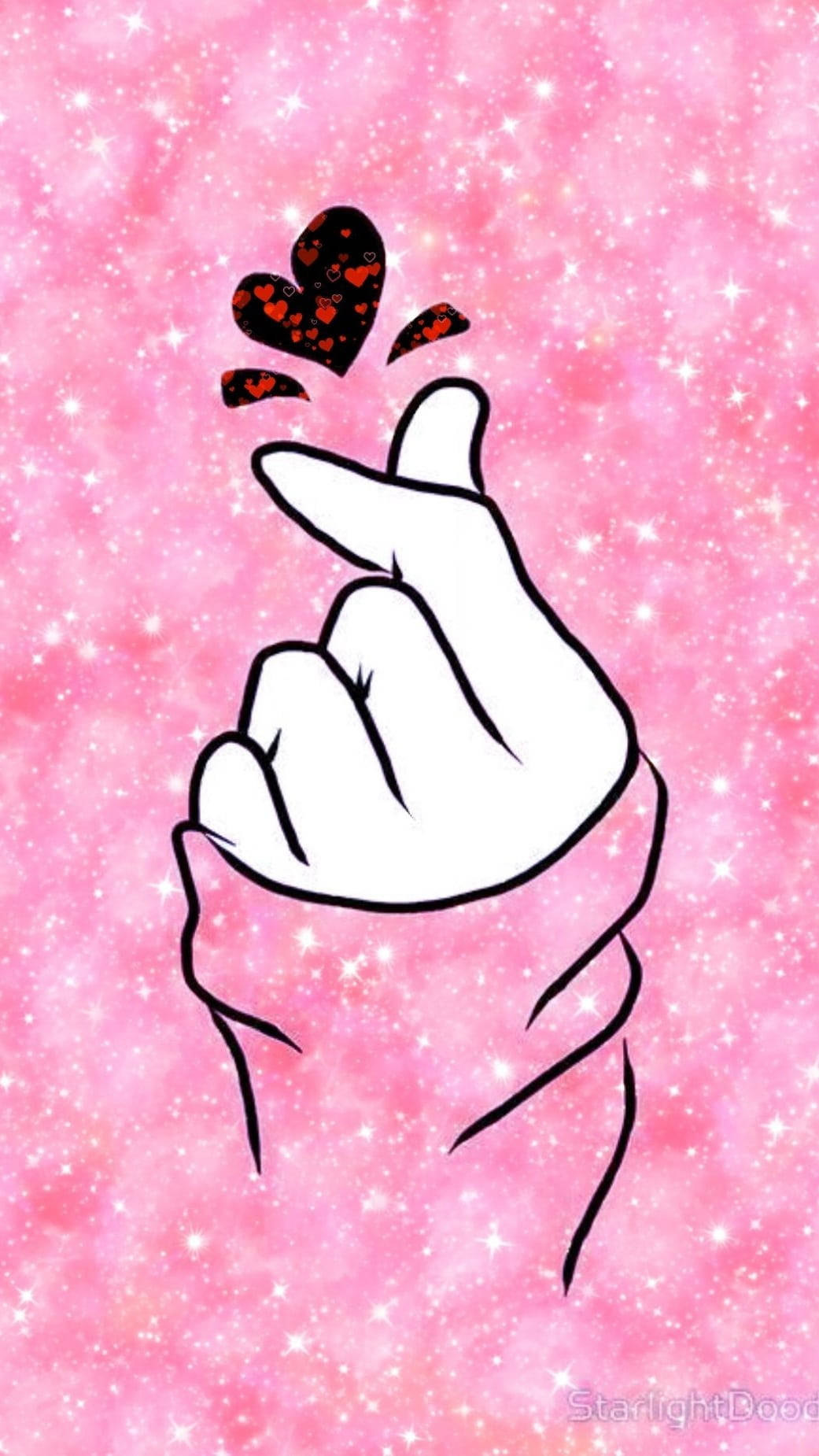 Pink Galaxy Saranghae Finger Heart Background