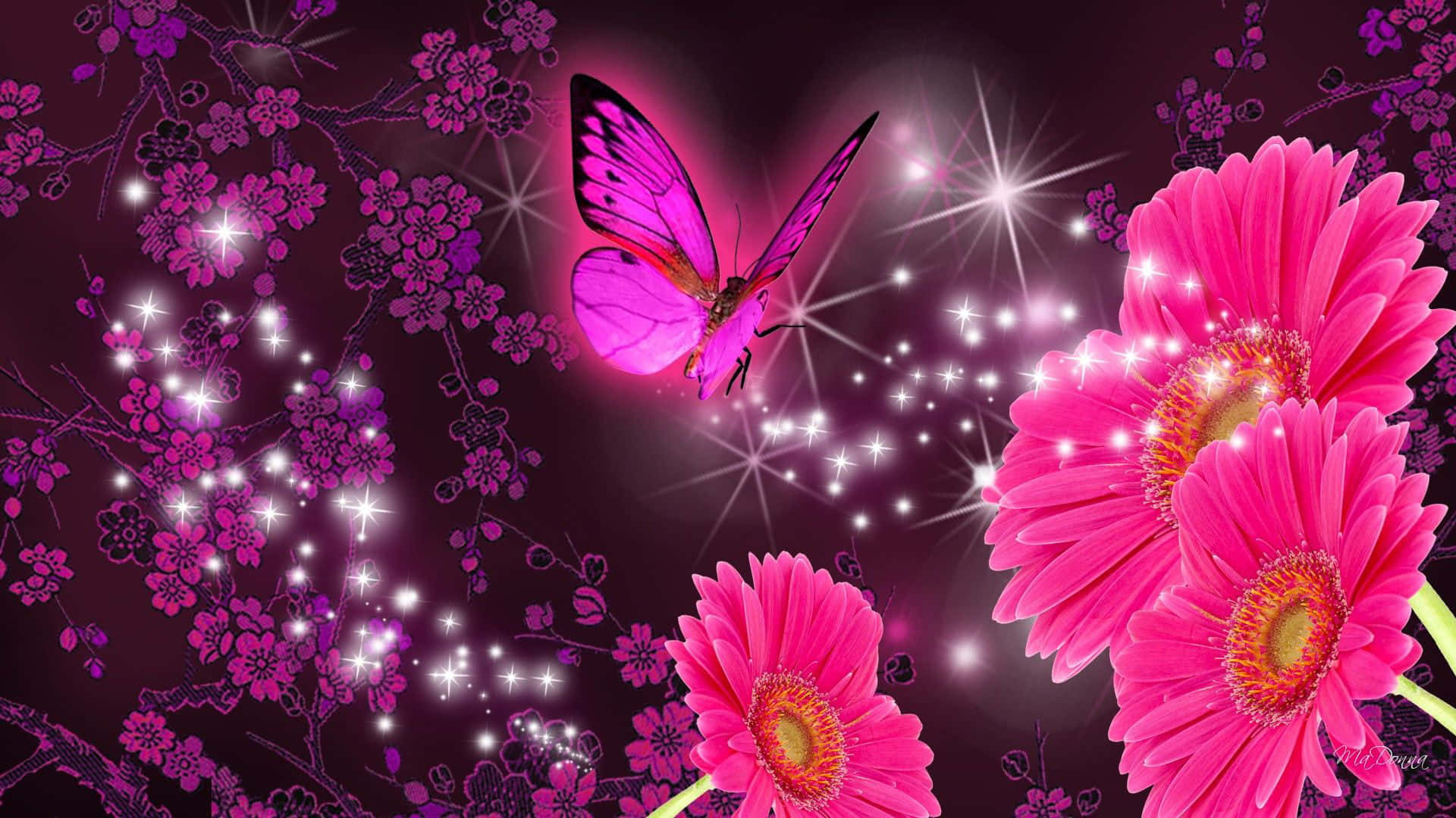 Pink Glitter Butterfly Flower Background