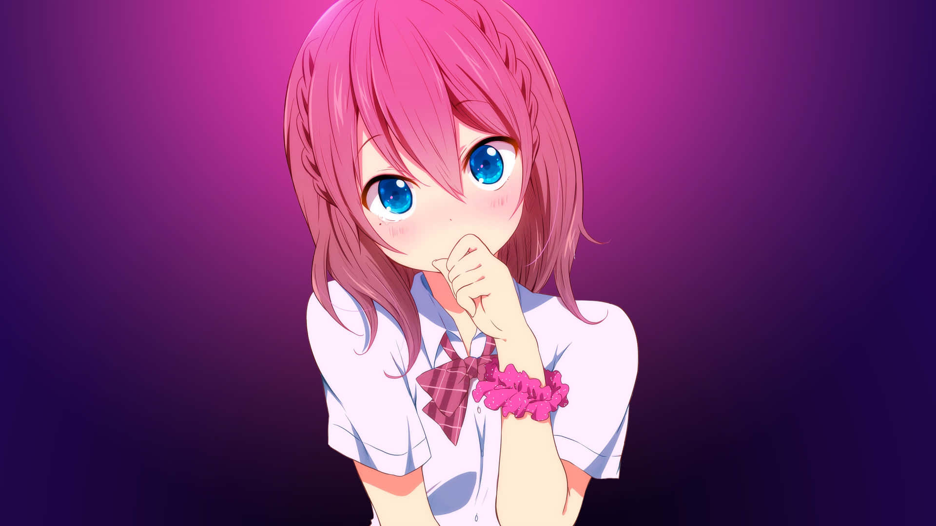 Pink Haired Anime Girlwith Blue Eyes Background