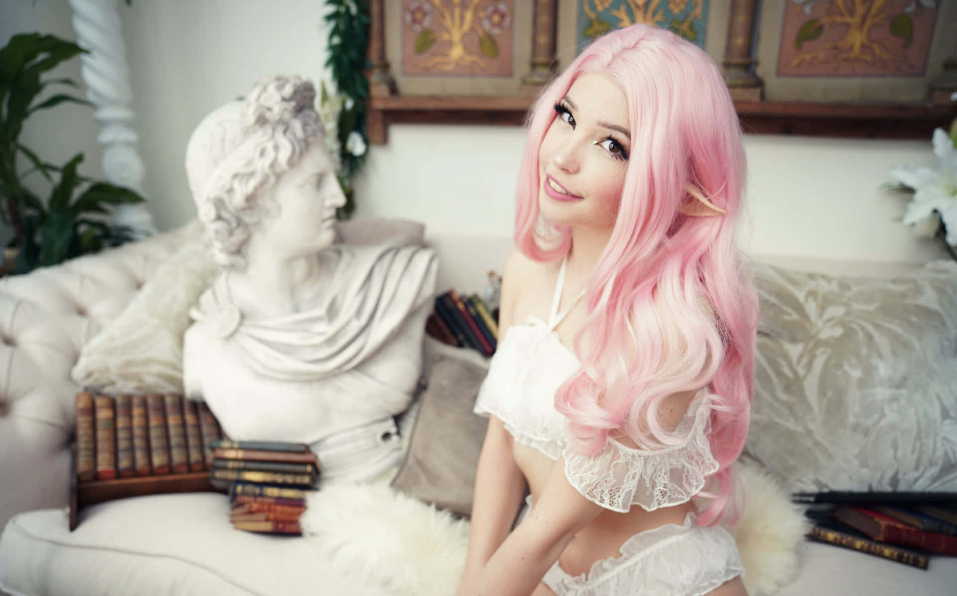 Pink Haired Cosplayerwith Statue