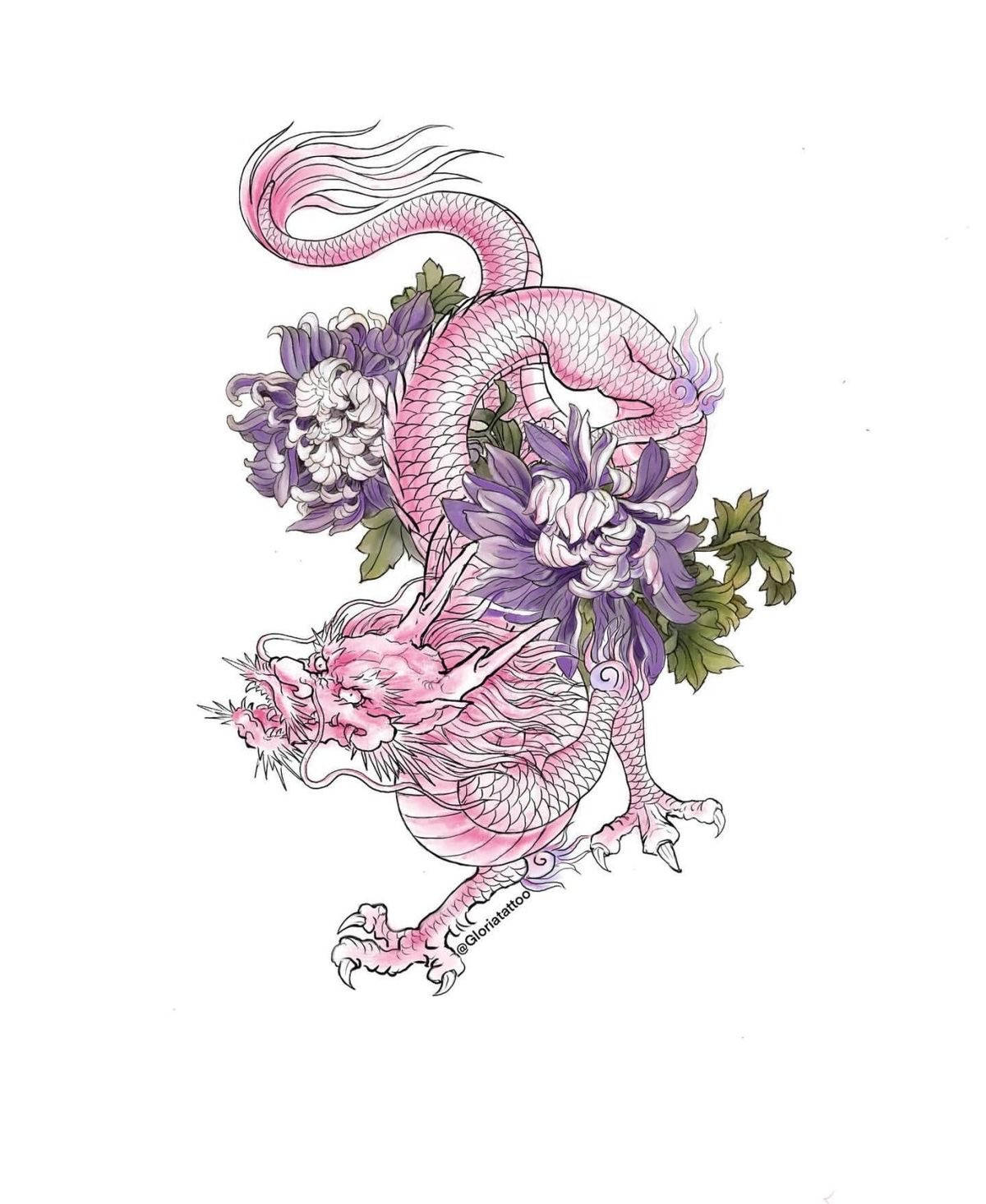 Pink Japanese Dragon Tattoo With Flower Background