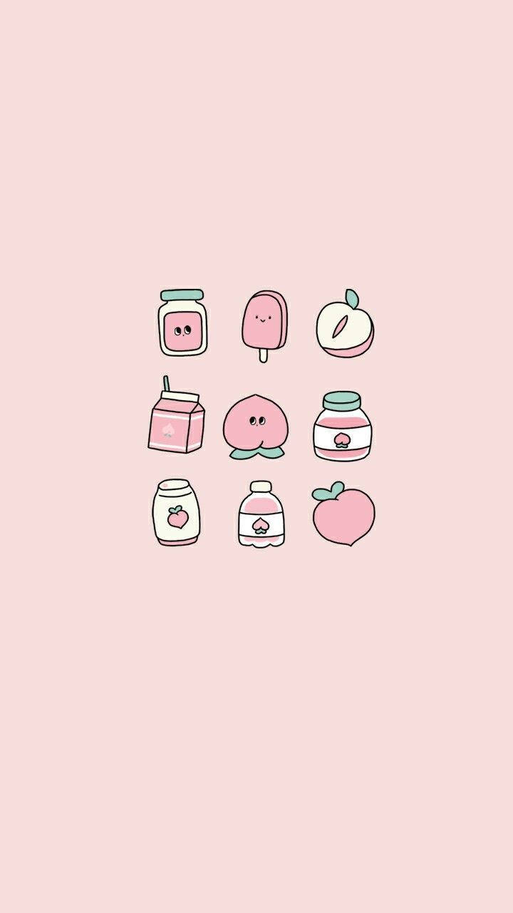 Pink Kawaii Fruits And Fruit Juices Background