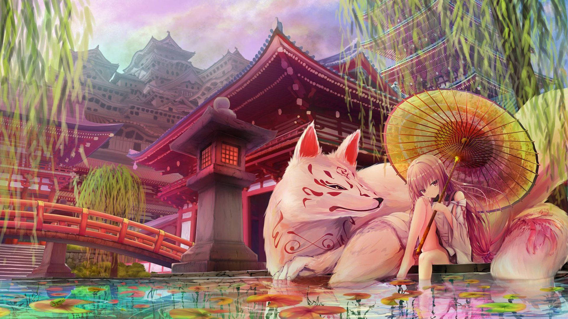 Pink Kitsune And Anime Girl Background