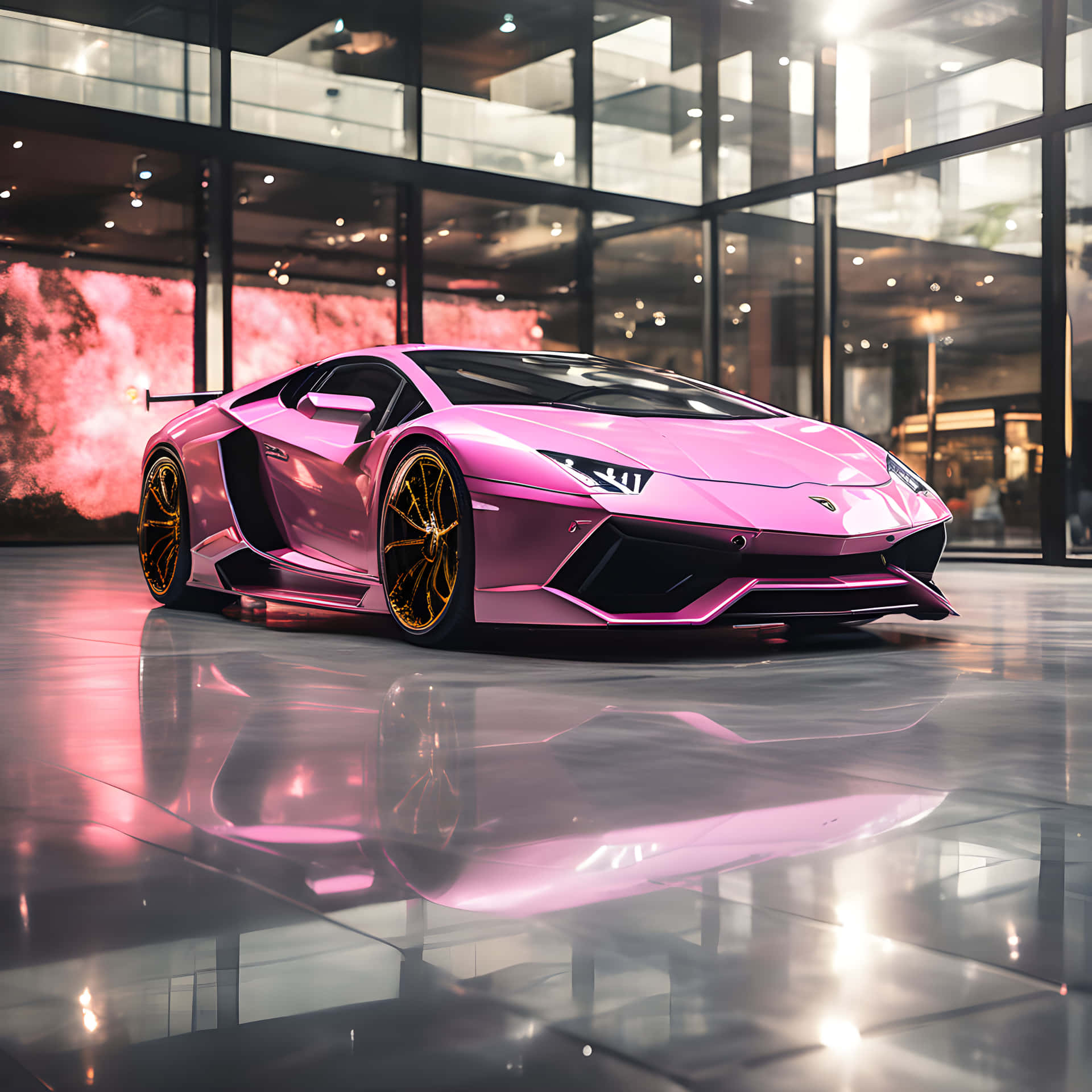 Pink Lamborghini Showroom Glow Background