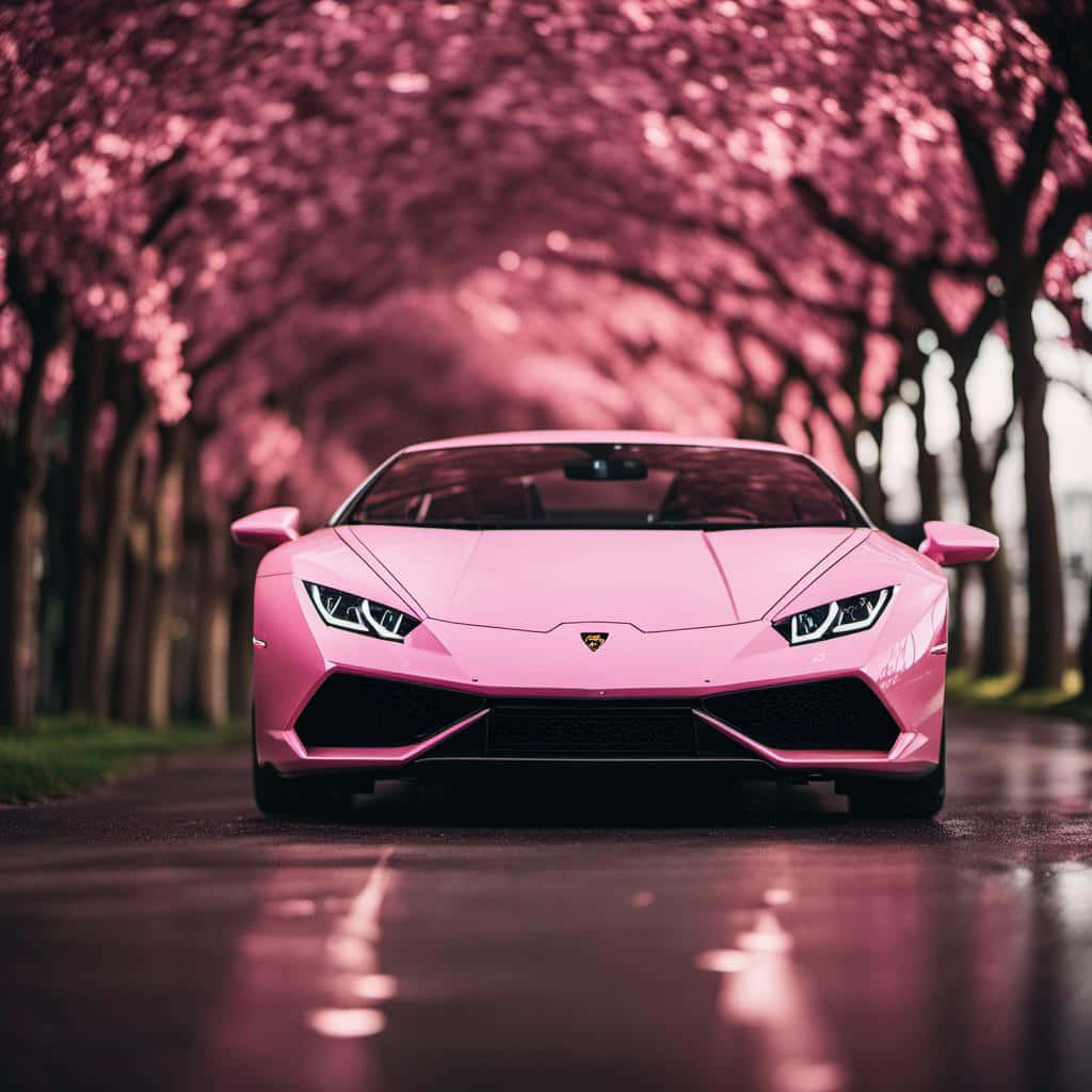 Pink Lamborghini Under Cherry Blossoms Background