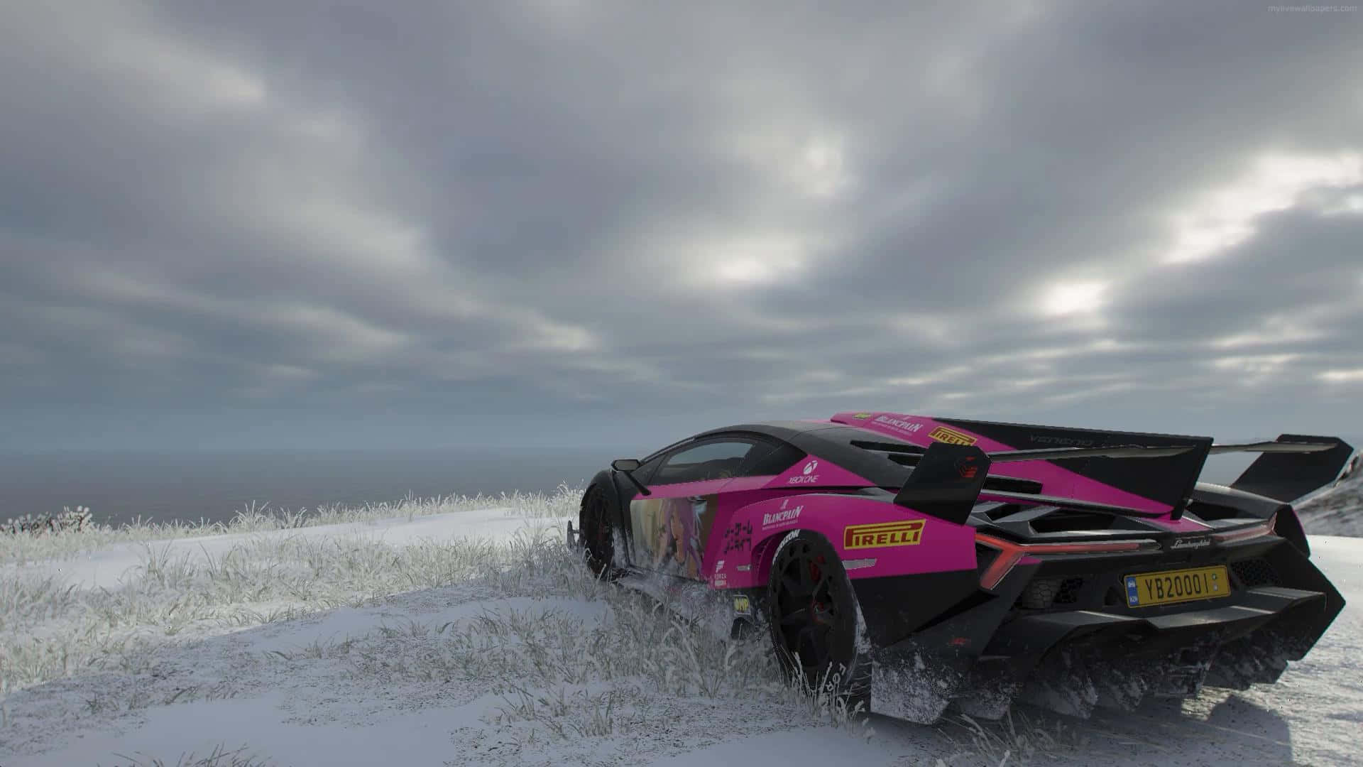 Pink Lamborghini Winter Scene Background