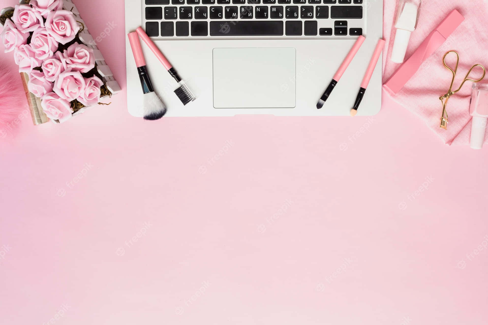 Pink Laptop, Makeup Brushes, Flowers And Cosmetics On A Pink Background Background