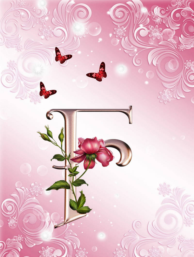 Pink Letter F Rose And Butterflies Background