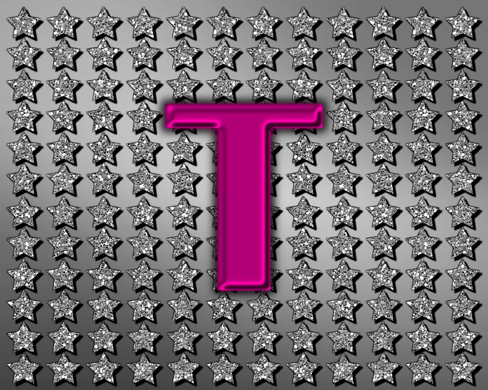 Pink Letter T Silver Stars Background