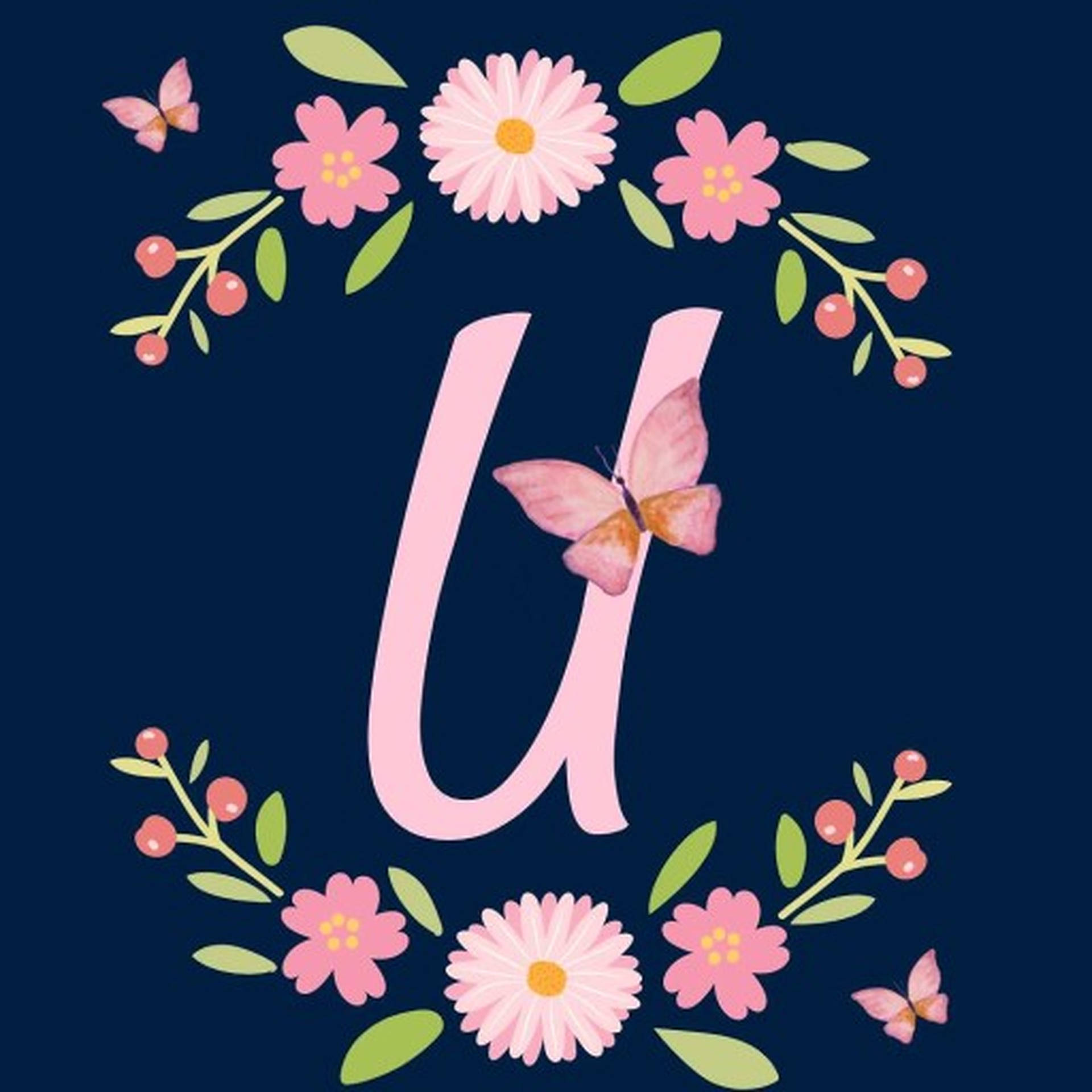 Pink Letter U With Butterfly Background