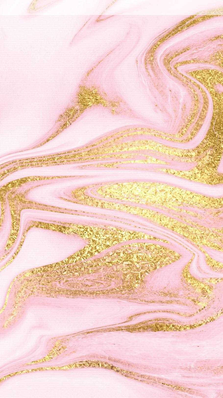 Pink Marble With Gold Glitter Swirls Background