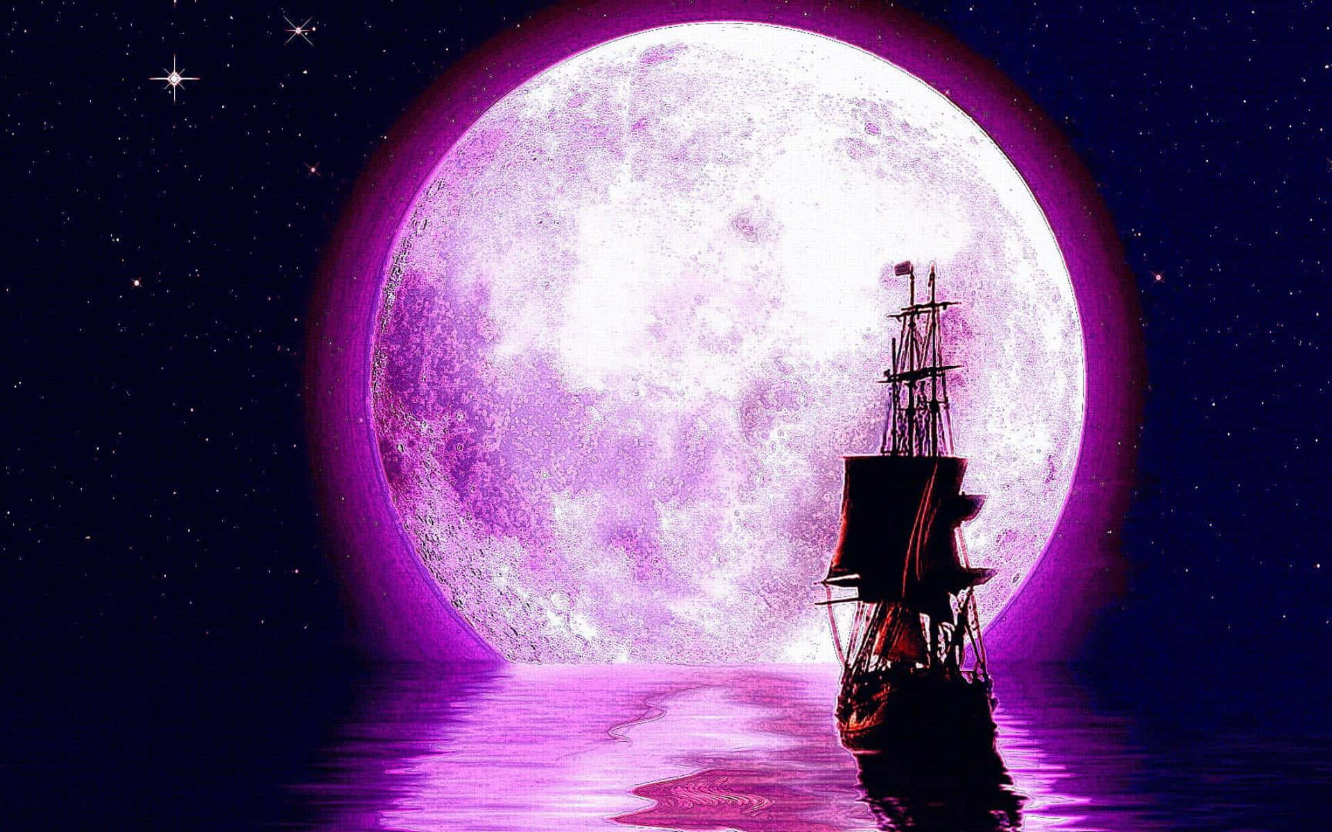 Pink Moon And Ship Sailing Background