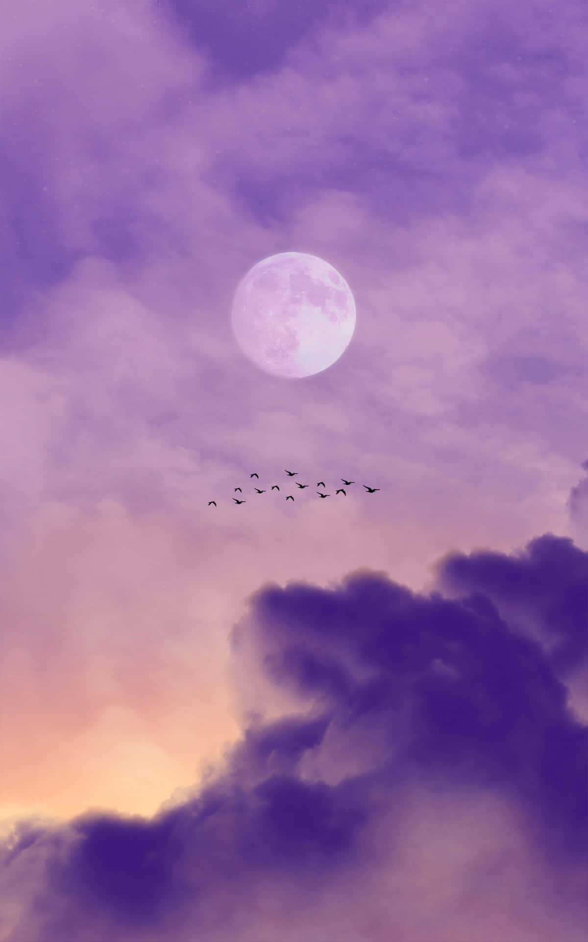 Pink Moon Cloudy Sky And Birds Background